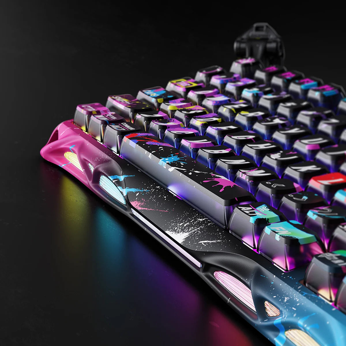 GravaStar Mercury V75 Pro Special Edition Neon Graffiti 75% gaming keyboard – Side chassis view showing aluminum construction exoskeleton, South-facing RGB lighting, custom street art keycaps, and GravaStar UFO Hall Effect magnetic switches.