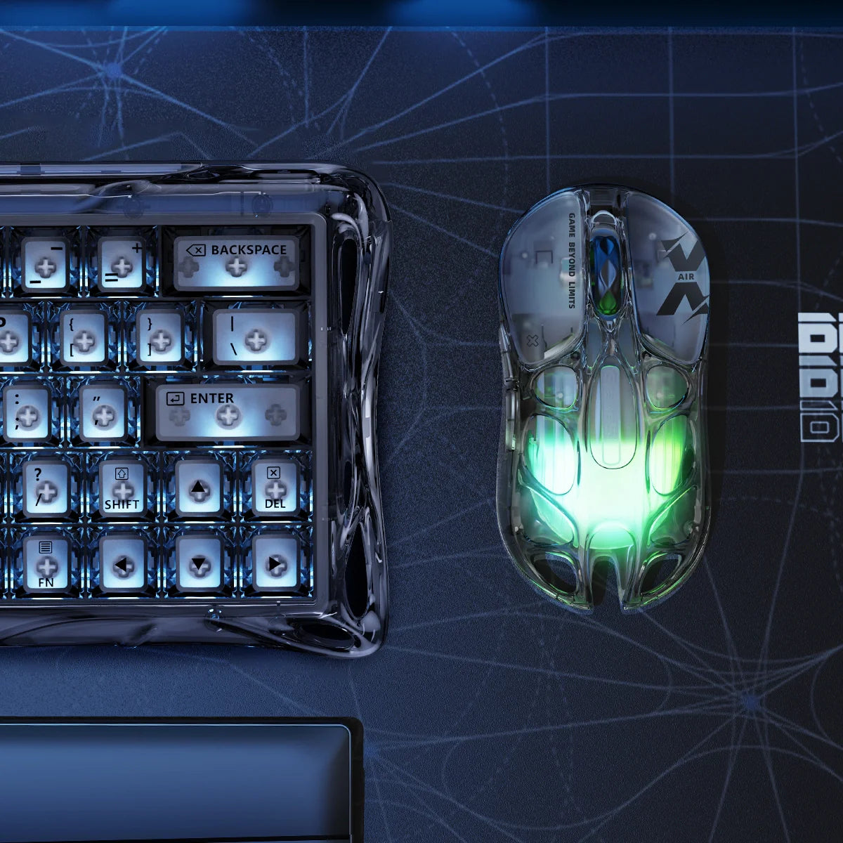 GravaStar Mercury X Air 8KHz Onyx Crystal transparent wireless gaming mouse macro setup vertical view paired with Mercury V60 Onyx Crystal keyboard, featuring 56g ultralight open-frame skeletal structure, PixArt PAW 3950 32K DPI sensor, 8000Hz polling rate support, and RGB lighting.