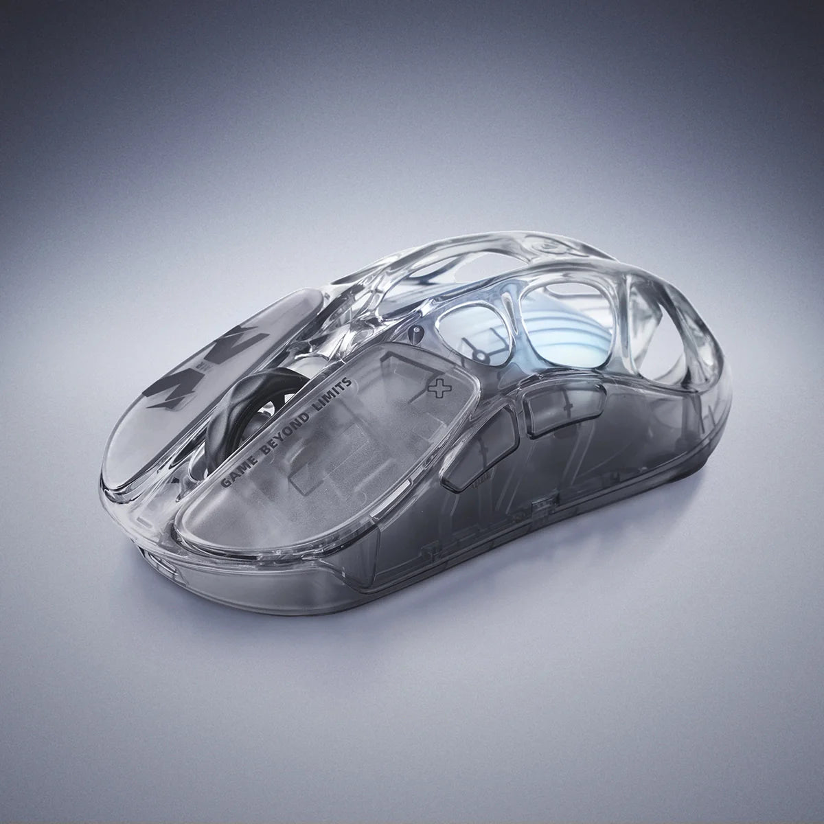 GravaStar Mercury X Air 8KHz Onyx Crystal transparent wireless gaming mouse right front view featuring 56g ultralight open-frame skeletal structure, PixArt PAW 3950 32K DPI sensor, 8000Hz polling rate support, and ice blue RGB lighting, perfect paired with Mercury V60 Onyx Crystal keyboard and Mars Pro speaker.