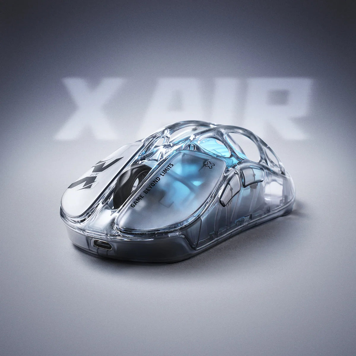 GravaStar Mercury X Air 8KHz Onyx Crystal transparent wireless gaming mouse macro left front view featuring 56g ultralight open-frame skeletal structure, PixArt PAW 3950 32K DPI sensor, 8000Hz polling rate support, and ice blue RGB lighting, perfect paired with Mercury V60 Onyx Crystal keyboard and Mars Pro speaker.