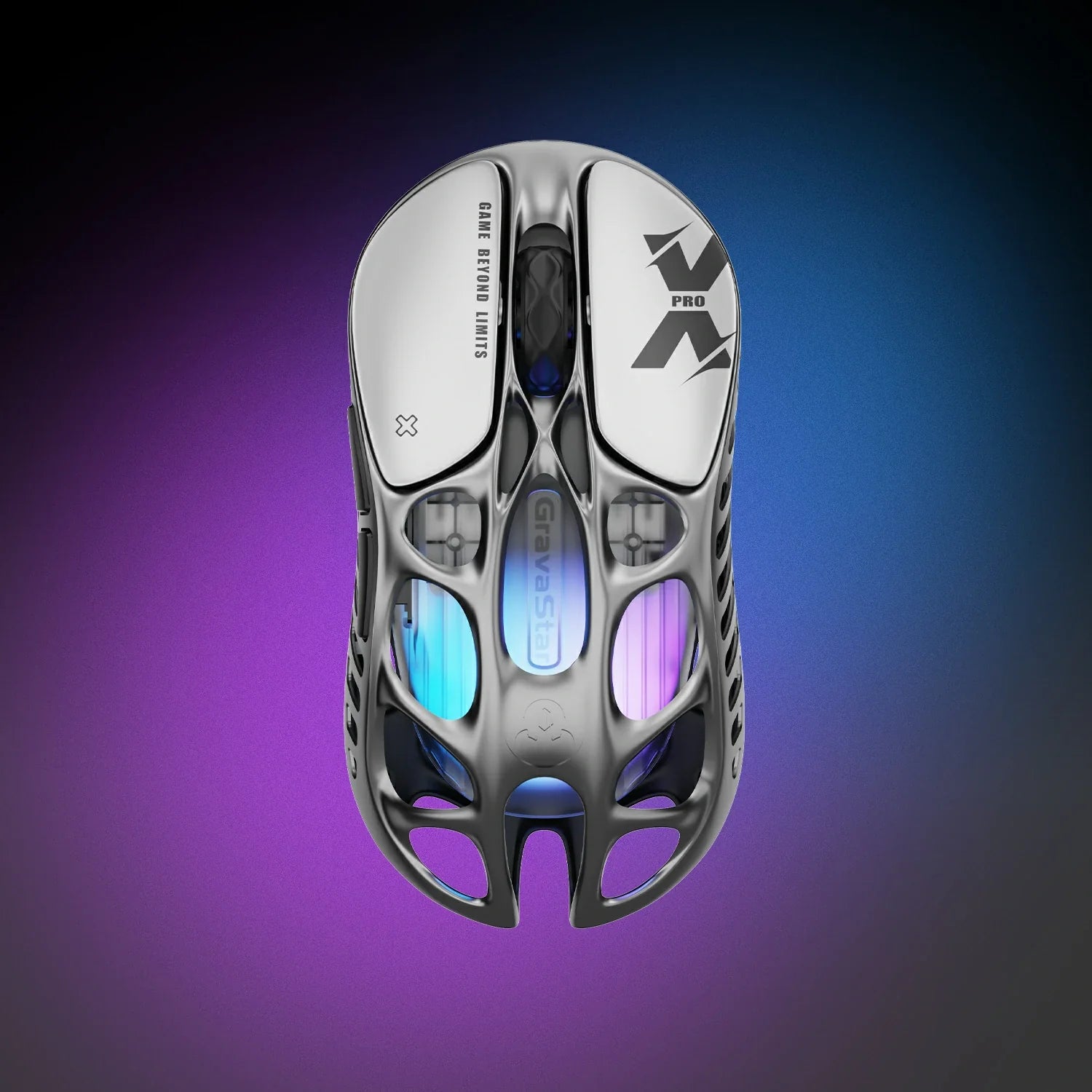 GravaStar Mercury X Pro 8KHz Wireless Gaming Mouse in Interstellar Silver top vertical view featuring 49g ultra-lightweight magnesium alloy skeleton, PAW 3950 32K DPI sensor, native 8000Hz polling rate, and purple RGB lighting, perfect paired with Mercury K1 Pro Interstellar Silver keyboard and Mars Pro White speaker.