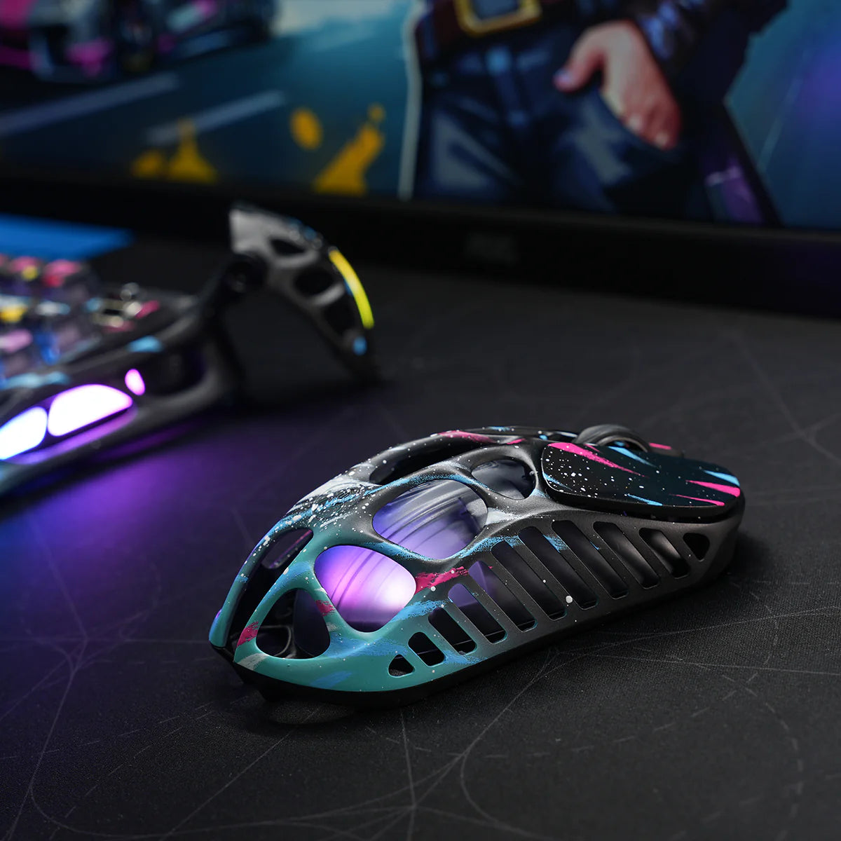GravaStar Mercury X Pro 8KHz Wireless Gaming Mouse in Neon Graffiti side profile view – Highlighting 49g magnesium alloy skeleton, street art splatter design, PAW 3950 32K DPI sensor, native 8000Hz polling rate, and purple RGB lighting.