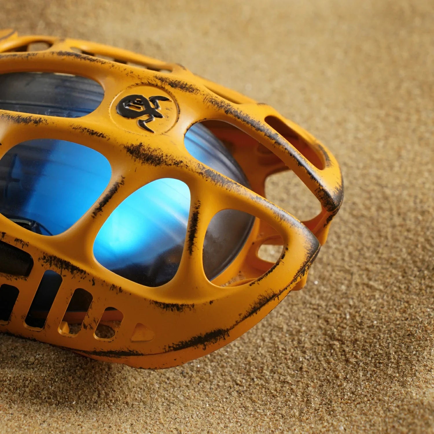 GravaStar Mercury X Pro Special Edition Battle Worn-Yellow magnesium alloy wireless gaming mouse macro view – Highlighting handcrafted weathering on back skeleton logo, vibrant ambient RGB lighting, PAW 3950 sensor, and 8000Hz polling rate, perfect paired with Mercury K1 Pro Yellow keyboard and Mars Pro Yellow speaker.