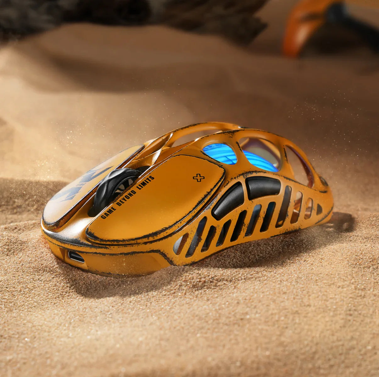 GravaStar Mercury X Pro Special Edition Battle Worn-Yellow magnesium alloy wireless gaming mouse featuring handcrafted weathering, PAW 3950 sensor, 8000Hz polling rate, 49g ultra-lightweight design, and RGB lighting, perfect paired with Mercury K1 Pro Yellow keyboard and Mars Pro Yellow speaker.