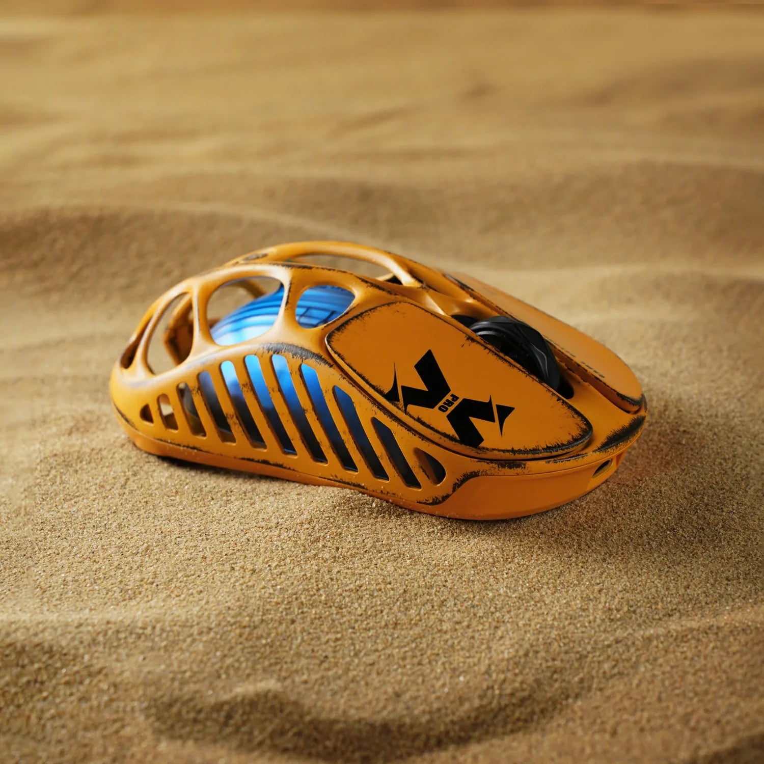 GravaStar Mercury X Pro Special Edition Battle Worn-Yellow magnesium alloy wireless gaming mouse right side profile view – Highlighting handcrafted weathering, ergonomic hollow skeleton design, PAW 3950 sensor, 8000Hz polling rate, and RGB lighting, perfect paired with Mercury K1 Pro Yellow keyboard and Mars Pro Yellow speaker.