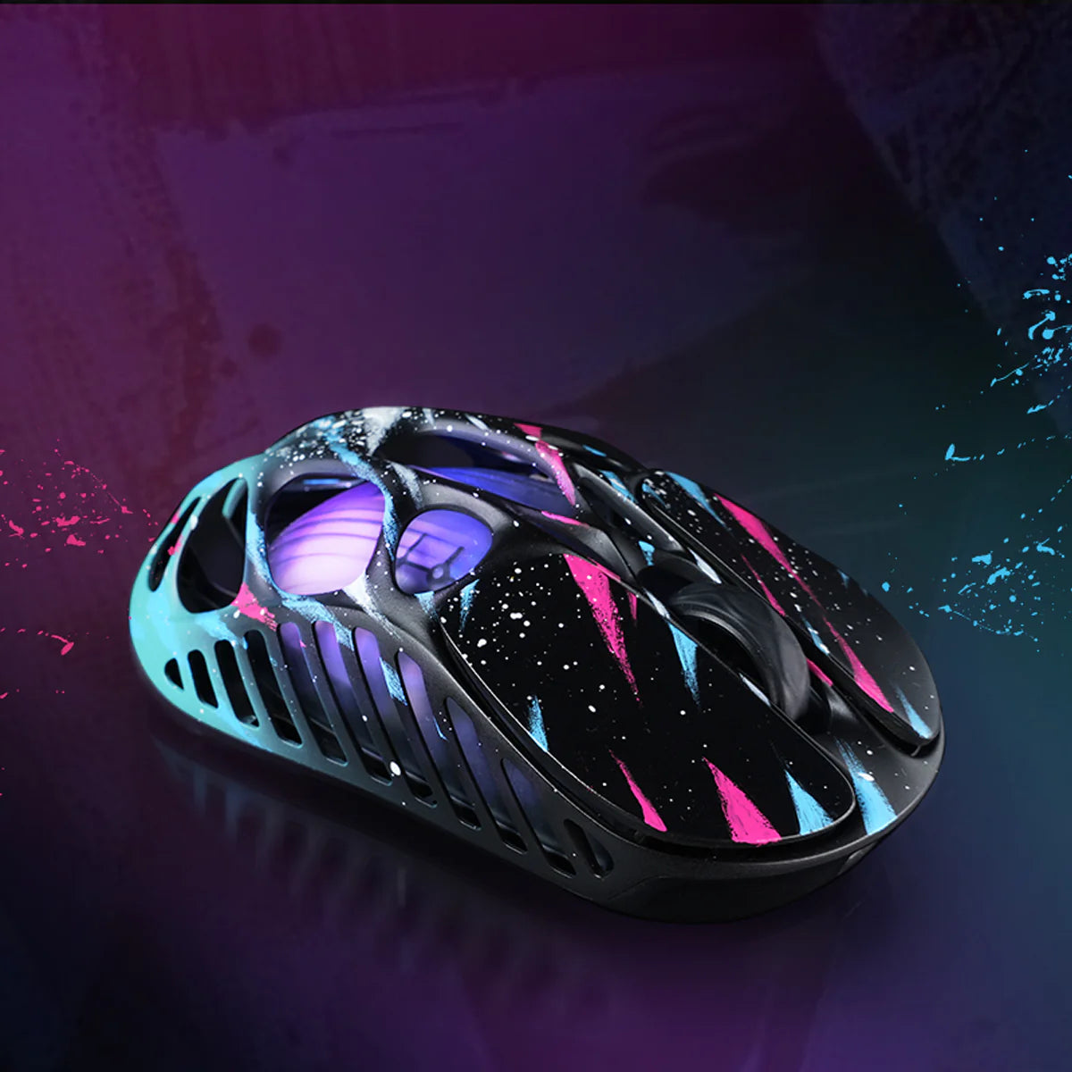 GravaStar Mercury X Pro Special Edition Neon Graffiti magnesium alloy wireless gaming mouse rear angle view – Highlighting neon splatter graphics, ergonomic skeleton design, PAW 3950 sensor, 8000Hz polling rate, and RGB lighting, perfect paired with Mercury K1 Pro Neon Graffiti keyboard and Mars Pro speaker.