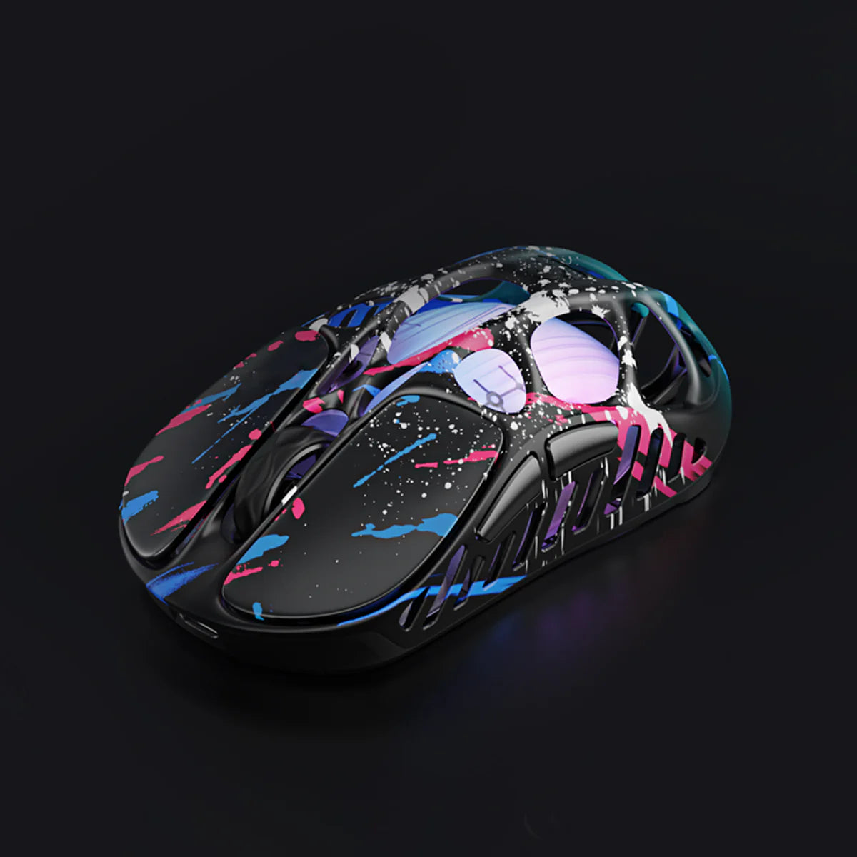 GravaStar Mercury X Pro Special Edition Neon Graffiti magnesium alloy wireless gaming mouse high angle top view – Highlighting vibrant neon splatter artwork, skeleton frame, PAW 3950 sensor, 8000Hz polling rate, and RGB lighting, perfect paired with Mercury K1 Pro Neon Graffiti keyboard and Mars Pro speaker.