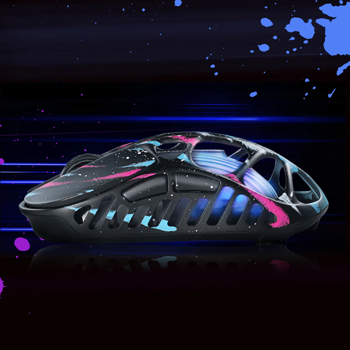 GravaStar Mercury X Pro Special Edition Neon Graffiti magnesium alloy wireless gaming mouse side profile view – Highlighting neon street art, ergonomic skeleton design, PAW 3950 sensor, 8000Hz polling rate, and RGB lighting, perfect paired with Mercury K1 Pro Neon Graffiti keyboard and Mars Pro speaker.
