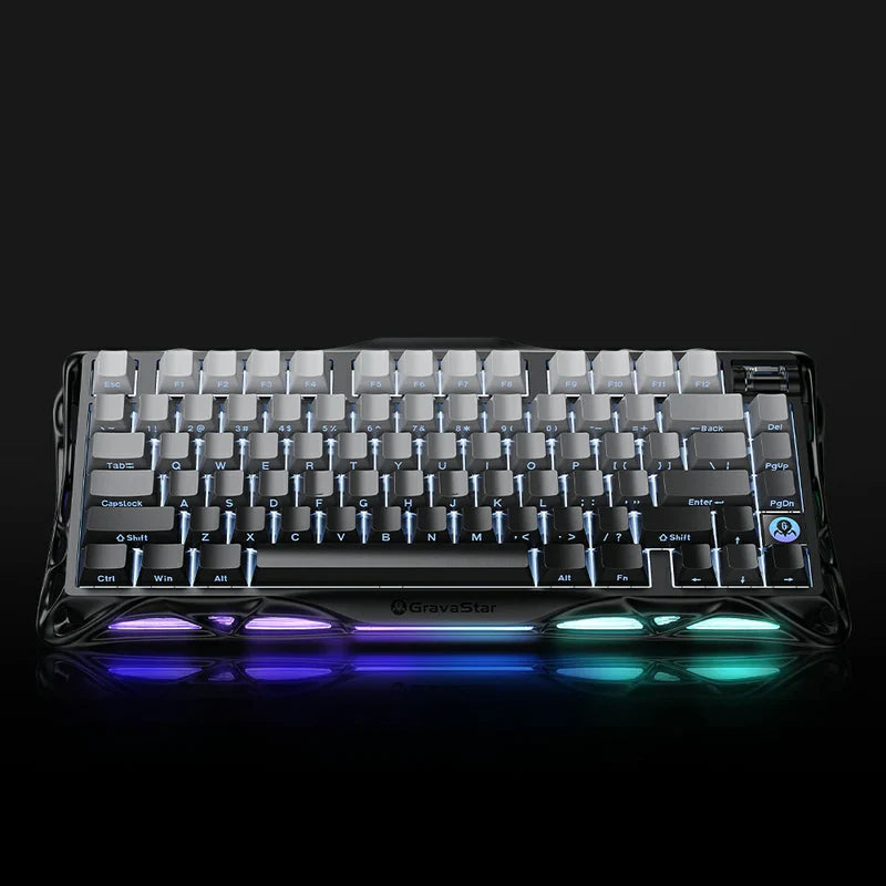 GravaStar Pro Gaming Set Gradient Black studio Mercury K1 keyboard frontal view featuring gradient black aluminum frame, Kailh linear switches, gradient shine-through keycaps, and ice blue RGB backlighting, perfect paired with Mercury M1 Pro 4K mouse and Mars Pro Black speaker.