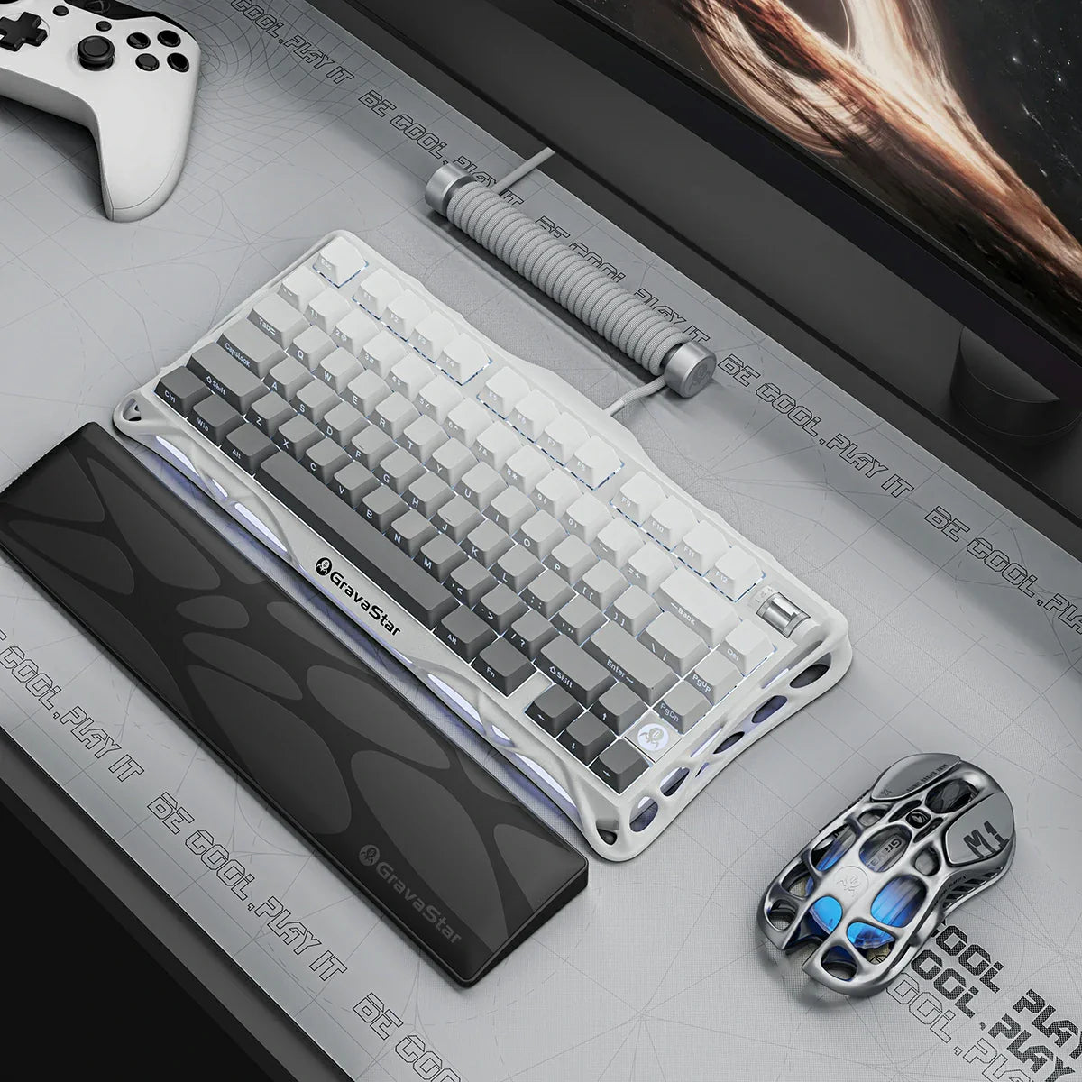 GravaStar Pro Gaming Set in Gradient White – Mercury K1 wireless mechanical keyboard with aluminum alloy exoskeleton and hot-swap switches, styled on desk mat with Mercury M1 Pro mouse and coiled aviator cable.