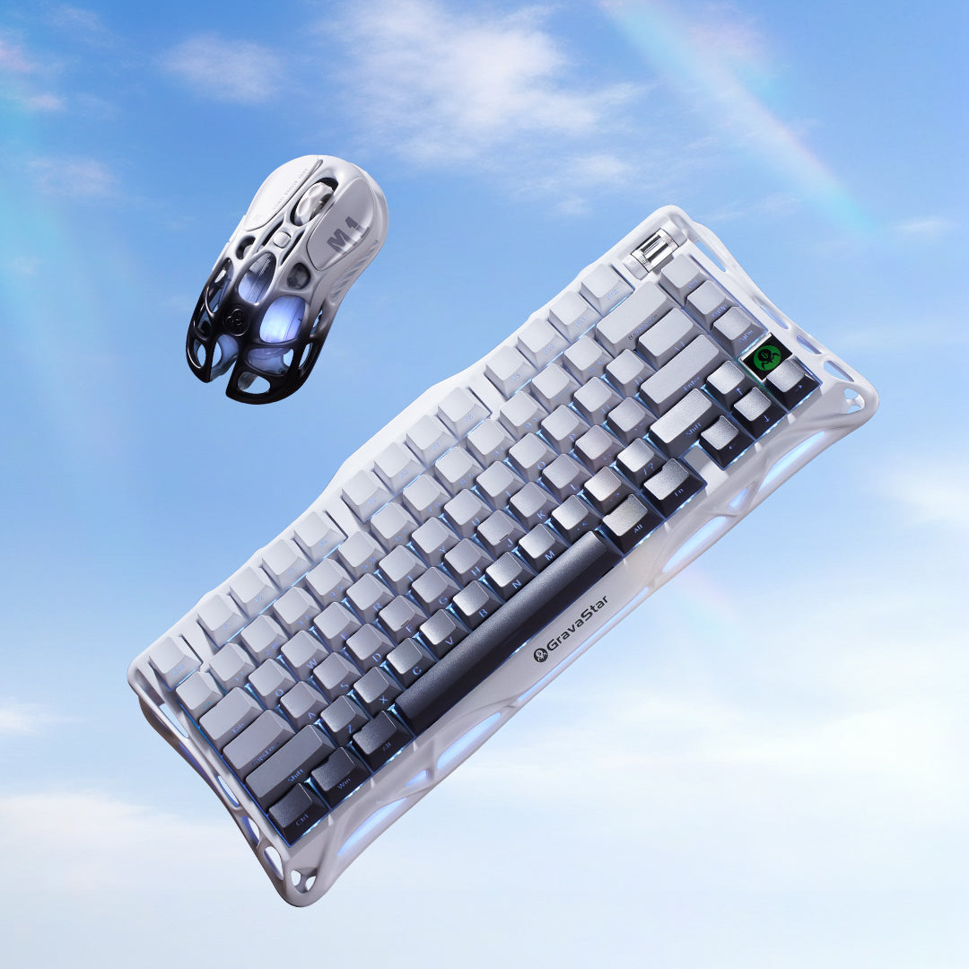 GravaStar Pro Gaming Set Gradient White studio cloud floating view featuring Mercury K1 keyboard with gradient white skeletal frame, Mercury M1 Pro 4K magnesium alloy gaming mouse, and Mercury 4K wireless dongle, perfect paired with GravaStar Gaming Mouse Pad white deskmat and Supernova White speaker.