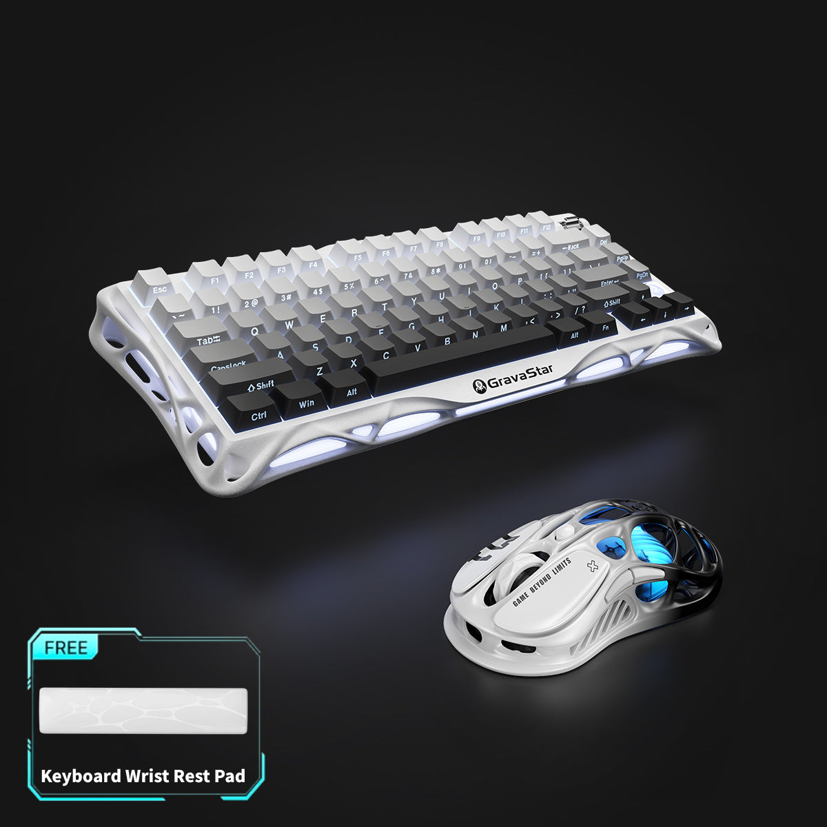 GravaStar Pro Gaming Set Gradient White studio full bundle view featuring Mercury K1 keyboard with gradient white skeletal frame, Mercury M1 Pro 4K magnesium alloy gaming mouse, and free bonus keyboard wrist rest pad, perfect paired with GravaStar Gaming Mouse Pad white deskmat and Supernova White speaker.
