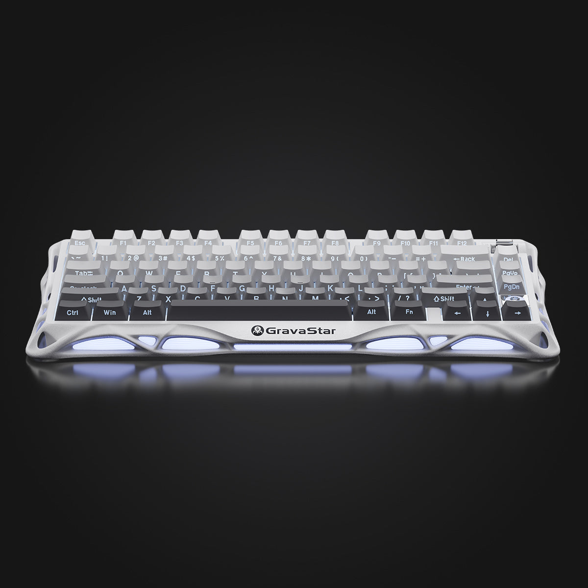 GravaStar Pro Gaming Set Gradient White studio Mercury K1 keyboard frontal view featuring gradient white aluminum frame, custom linear switches, gradient shine-through keycaps, and ice blue RGB backlighting, perfect paired with Mercury M1 Pro 4K mouse and GravaStar Gaming Mouse Pad white deskmat.