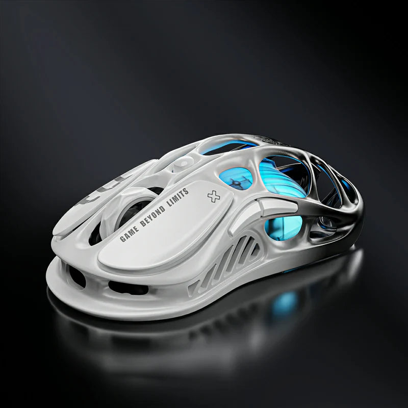 GravaStar Pro Gaming Set Gradient White studio Mercury M1 Pro 4K gaming mouse skeletal chassis view featuring magnesium alloy frame, PAW 3395 26K DPI sensor, 4000Hz polling rate ready, and ice blue RGB backlighting, perfect paired with Mercury K1 keyboard and GravaStar Gaming Mouse Pad white deskmat.