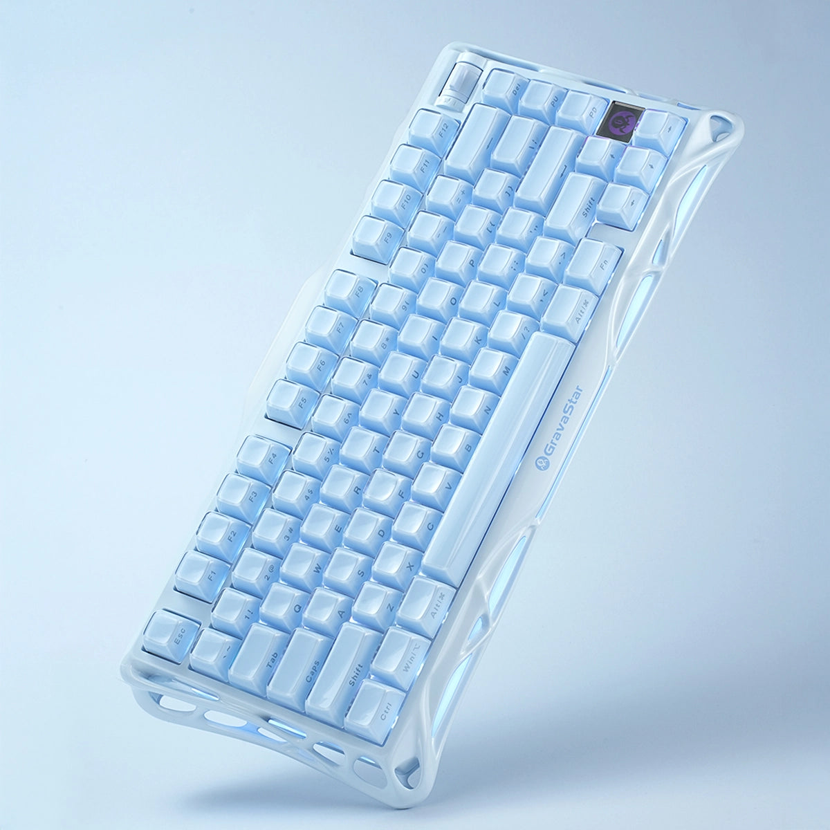 GravaStar Pro Gaming Set Ice Blue Mercury K1 Special Edition 75% wireless mechanical gaming keyboard featuring aluminum alloy frame, custom linear switches, and ice blue RGB backlighting.