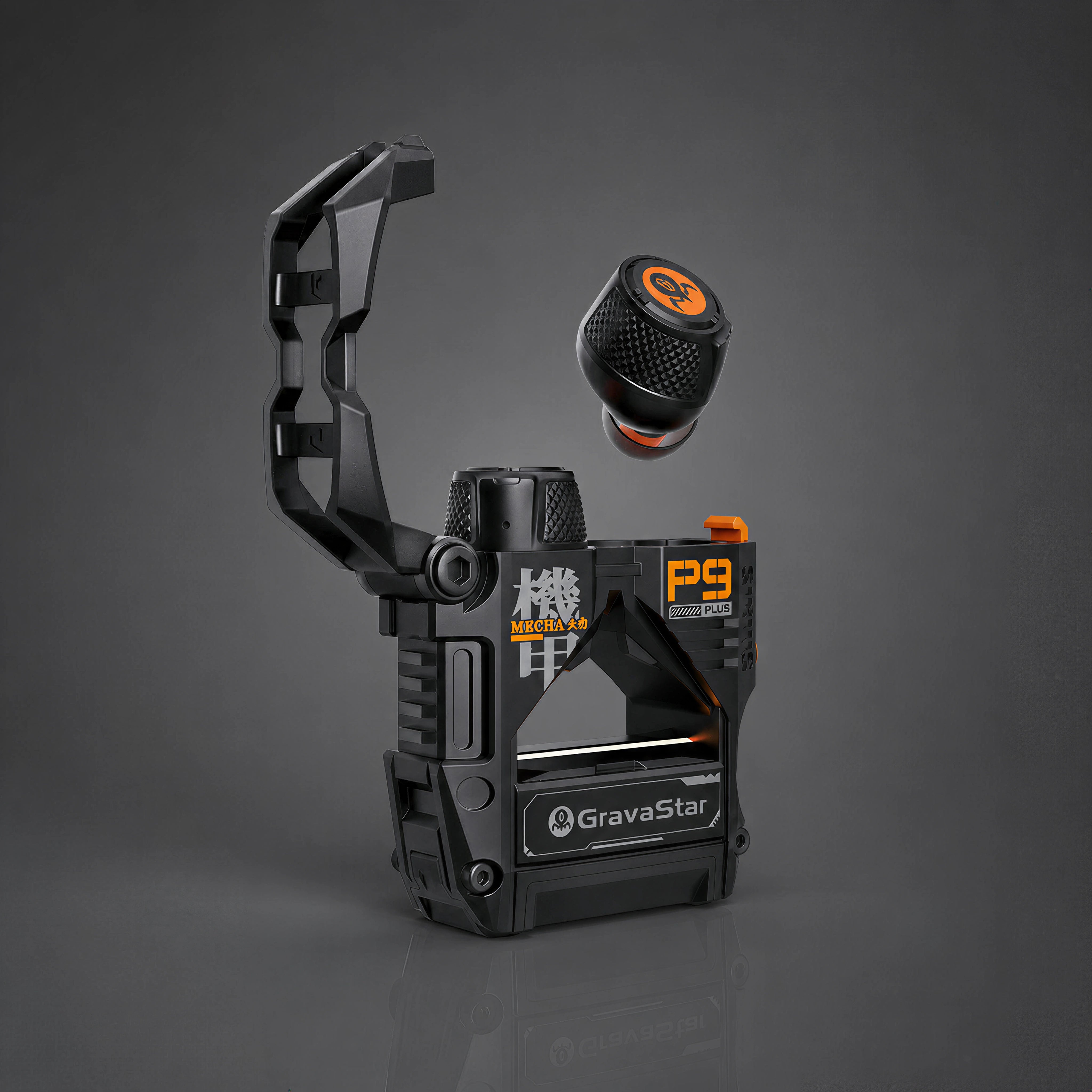 GravaStar Sirius Plus Black wireless ANC earbuds open charging case floating view featuring matte black zinc aluminium alloy mecha frame, bottle opener shell, 10mm dynamic drivers, hybrid ANC noise cancellation, and RGB lighting, perfect paired with Mercury X Air Onyx Crystal mouse and Mercury K1 Stealth Black keyboard.