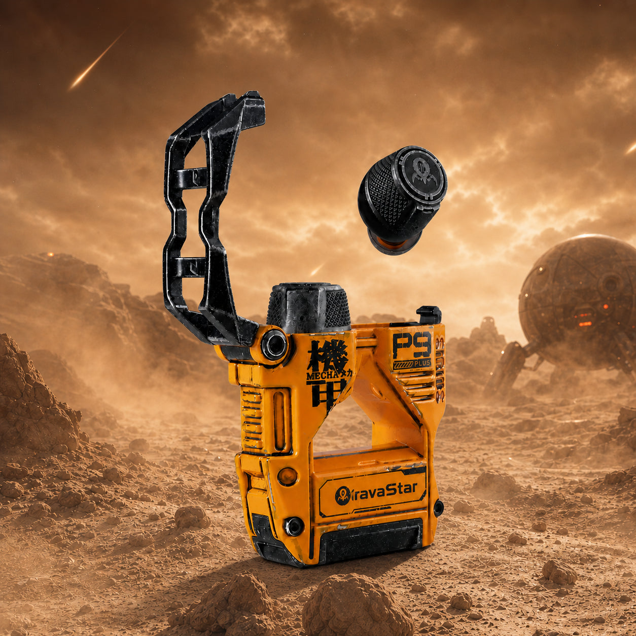GravaStar Sirius Plus Special Edition War-Damaged Yellow handcrafted wireless ANC earbuds open charging case floating view featuring authentic weathered yellow finish, zinc aluminium alloy mecha frame, 10mm dynamic drivers, hybrid ANC, and RGB lighting, perfect paired with Mercury X Pro Yellow mouse and Mercury K1 Pro Yellow keyboard.