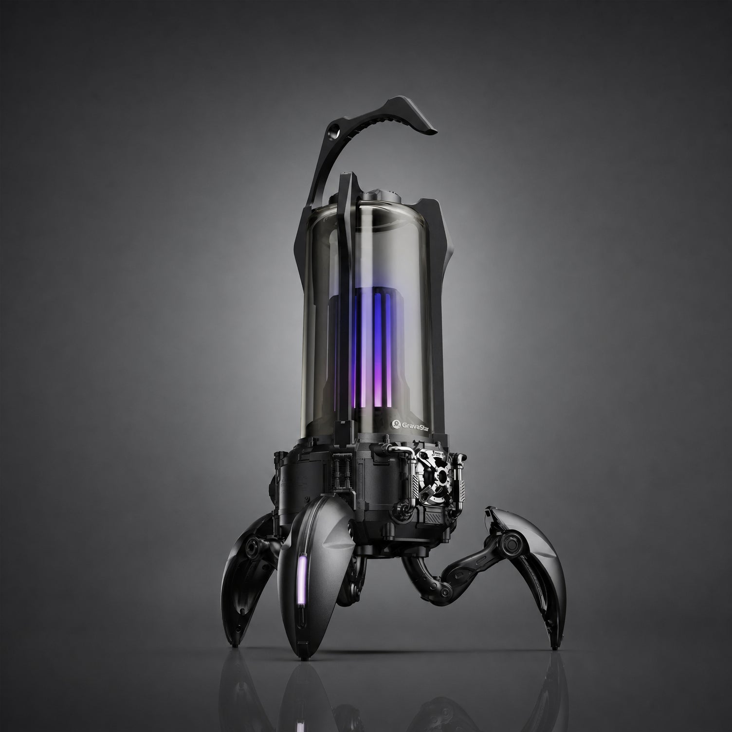GravaStar Supernova Matt Black mecha-lantern Bluetooth speaker angled macro view featuring 25W dual-driver sound system, 3" woofer, 0.5" tweeter, zinc alloy frame, foldable tripod stand, carry handle, and vibrant RGB lighting, perfect paired with Mercury X Air Onyx Crystal mouse and Mercury V60 keyboard.