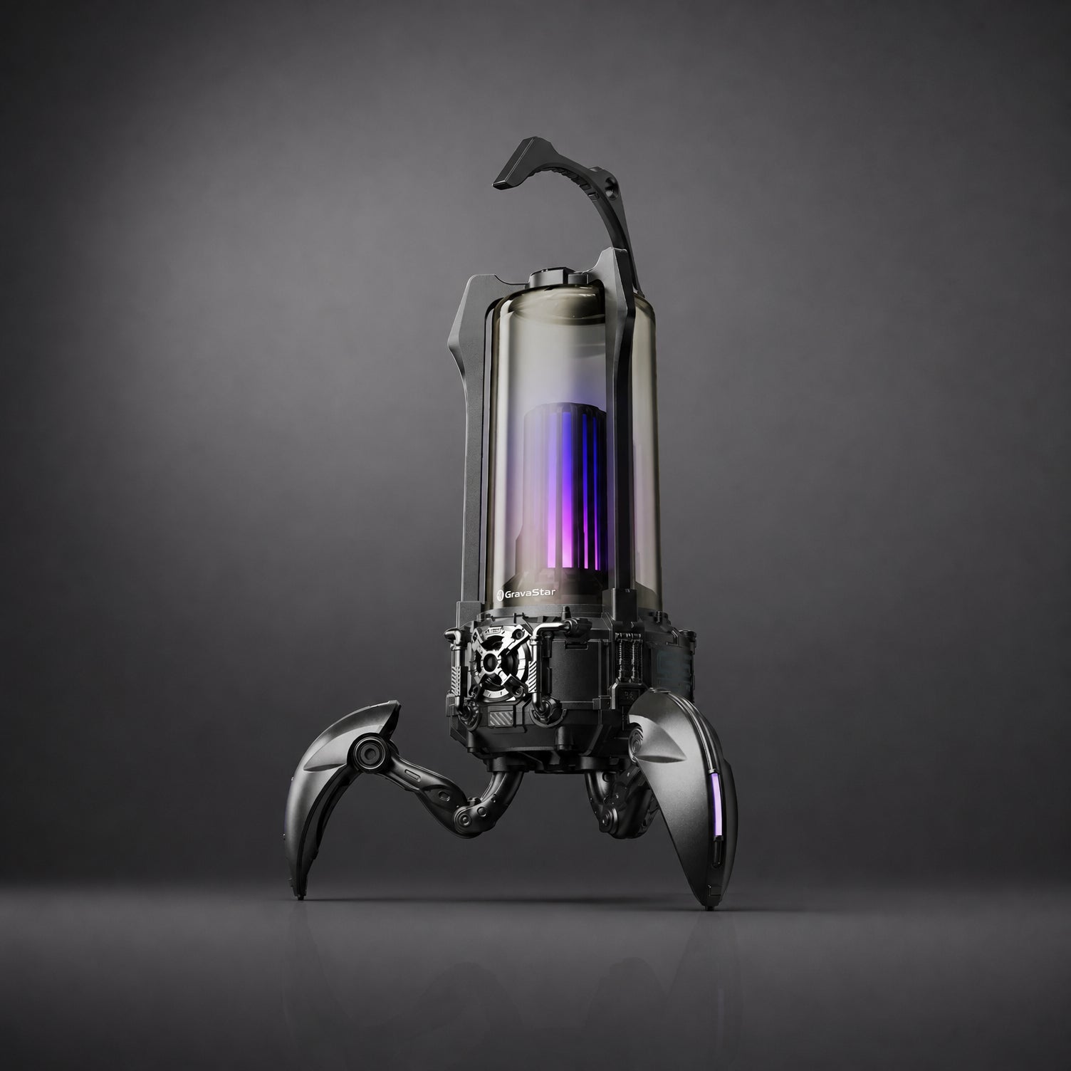 GravaStar Supernova Matt Black mecha-lantern Bluetooth speaker standalone view featuring 25W dual-driver sound system, 3" woofer, 0.5" tweeter, zinc alloy frame, foldable tripod stand, carry handle, and vibrant RGB lighting, perfect paired with Mercury X Air Onyx Crystal mouse and Mercury V60 keyboard.