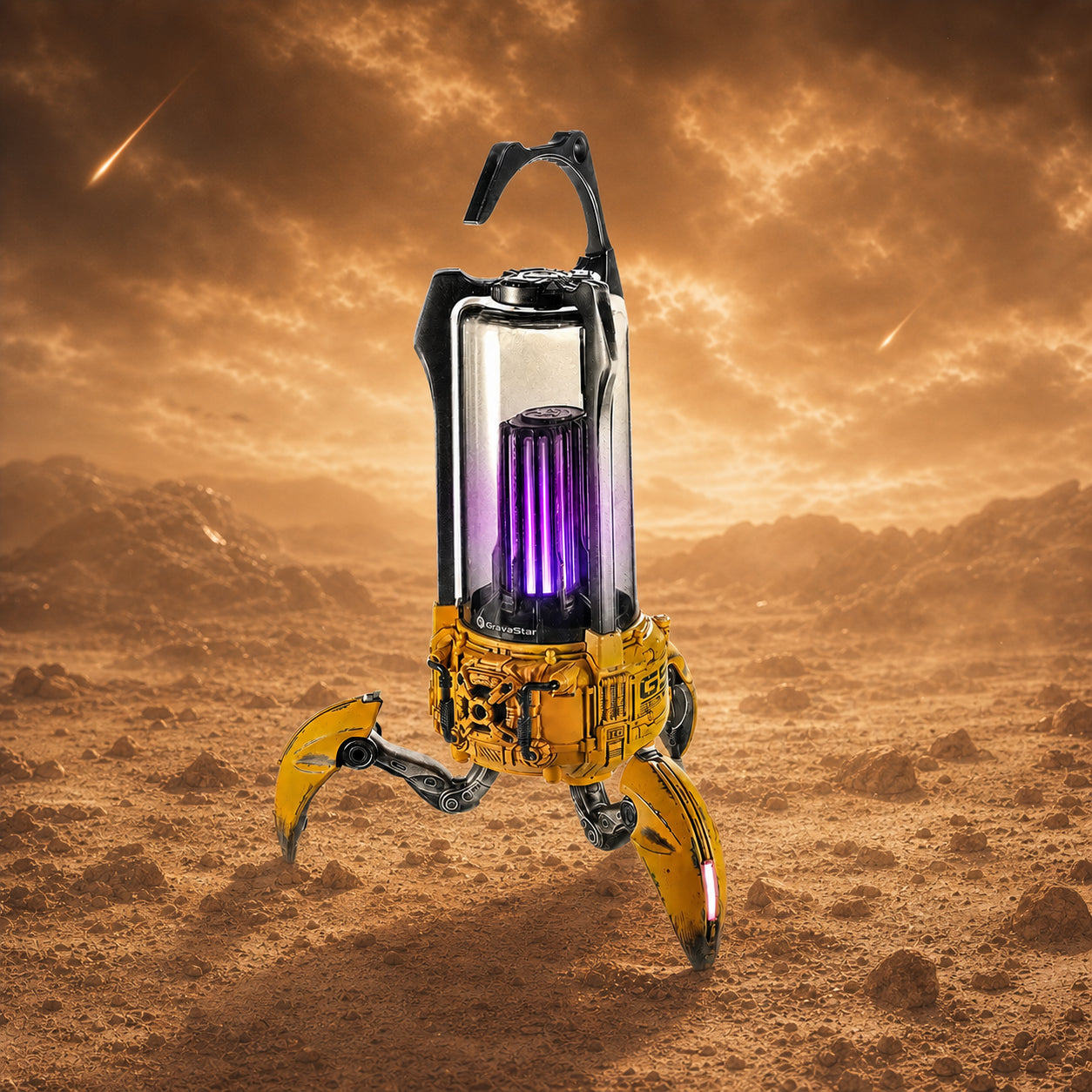 GravaStar Supernova War Damaged Yellow handcrafted mecha-lantern Bluetooth speaker desert battleground view featuring 25W dual-driver sound system, 3" woofer, 0.5" tweeter, zinc alloy frame, foldable tripod stand, carry handle, and vibrant RGB lighting, perfect paired with Mercury X Pro Yellow mouse and Mercury K1 Pro Yellow keyboard.