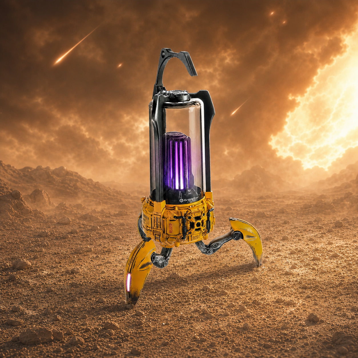 GravaStar Supernova War Damaged Yellow handcrafted mecha-lantern Bluetooth speaker desert battleground angled view featuring 25W dual-driver sound system, 3" woofer, 0.5" tweeter, zinc alloy frame, foldable tripod stand, carry handle, and vibrant RGB lighting, perfect paired with Mercury X Pro Yellow mouse and Mercury K1 Pro Yellow keyboard.