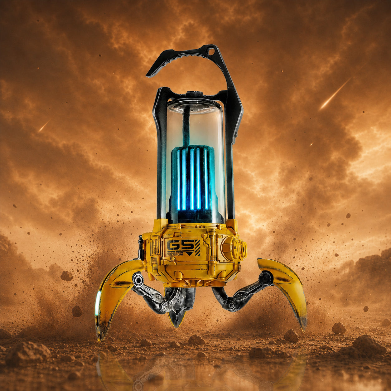 GravaStar Supernova War Damaged Yellow handcrafted mecha-lantern Bluetooth speaker full front view featuring 25W dual-driver sound system, 3" woofer, 0.5" tweeter, zinc alloy frame, foldable tripod stand, carry handle, and vibrant RGB lighting, perfect paired with Mercury X Pro Yellow mouse and Mercury K1 Pro Yellow keyboard.