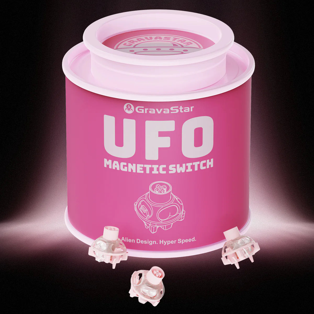 GravaStar UFO Buttiful Magnetic Switch Pink studio 65pcs tactical jar pack view featuring premium pink metal storage jar, Hall Effect contactless magnetic technology, and RT 0.005mm precision Rapid Trigger performance, perfect paired with Mercury V60 Crystal Rose keyboard and Mercury M1 Pro Sakura Pink gaming mouse.