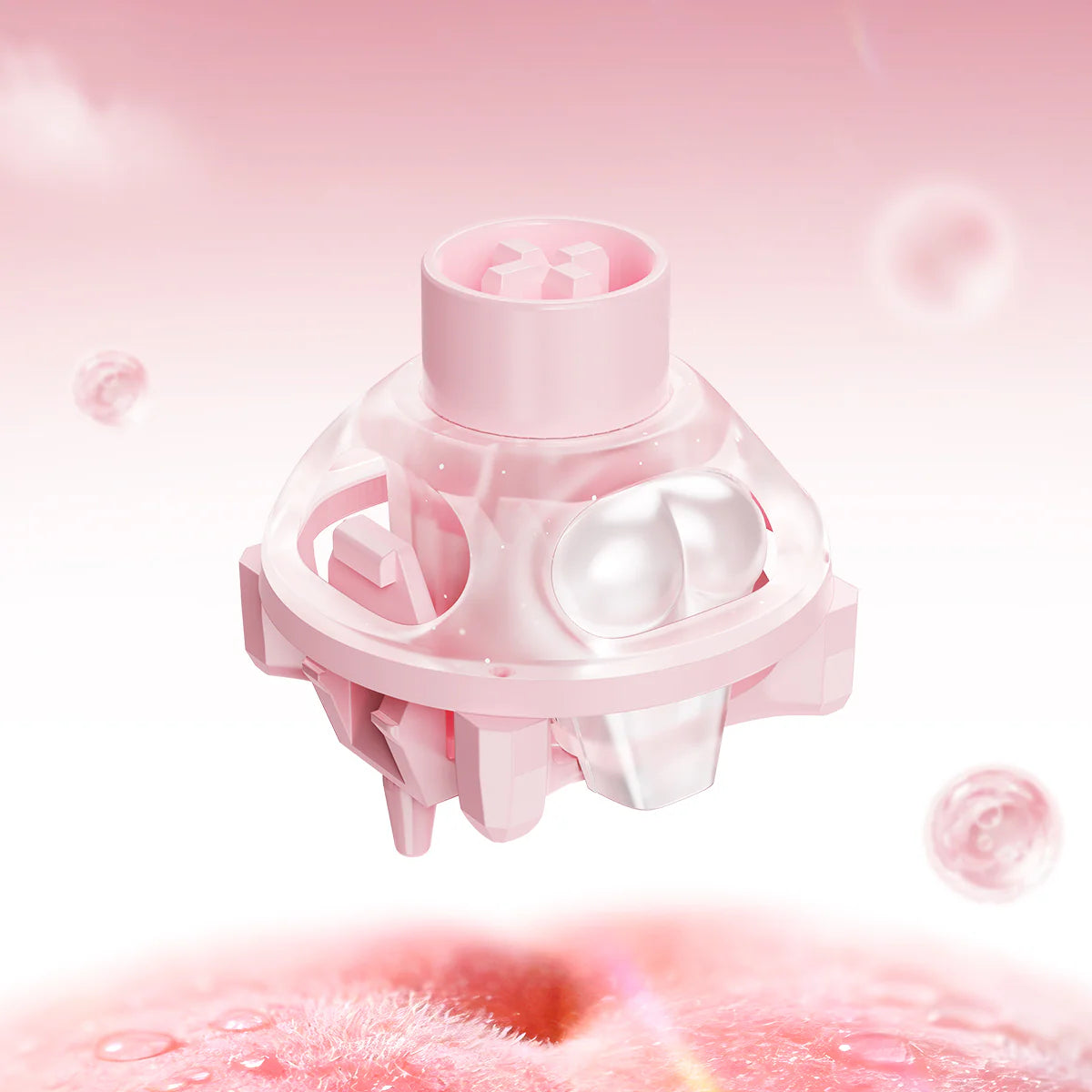 GravaStar UFO Buttiful Magnetic Switch Pink studio single switch perspective view featuring Hall Effect contactless magnetic technology, 360-degree circular dual-rail skeletal frame, and RT 0.005mm precision Rapid Trigger performance, perfect paired with Mercury V60 Crystal Rose keyboard and Mercury M1 Pro Sakura Pink gaming mouse.