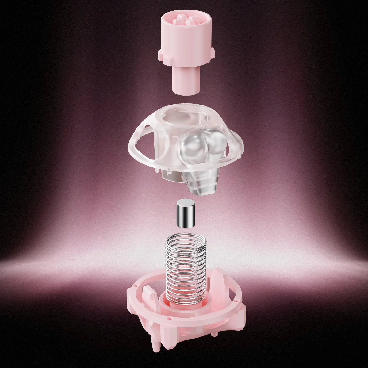 GravaStar UFO Buttiful Magnetic Switch Pink studio vertical exploded 3d architectural view featuring N52H neodymium magnet, 23mm long spring, 360-degree circular dual-rail mecha frame, and Hall Effect contactless technology, perfect paired with Mercury V60 Crystal Rose keyboard and Mercury M1 Pro Sakura Pink gaming mouse.
