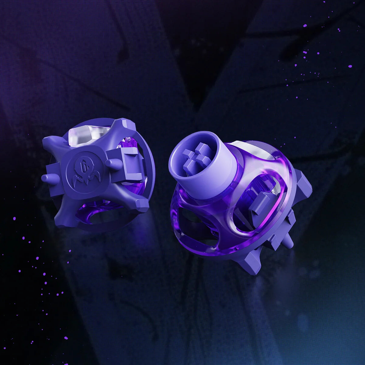 GravaStar UFO Hall Effect magnetic switches close-up view – Featuring cyberpunk neon purple semi-transparent switch housing, engineered with 0.005mm actuation precision and 8kHz response for Neon Graffiti custom gaming keyboard builds.