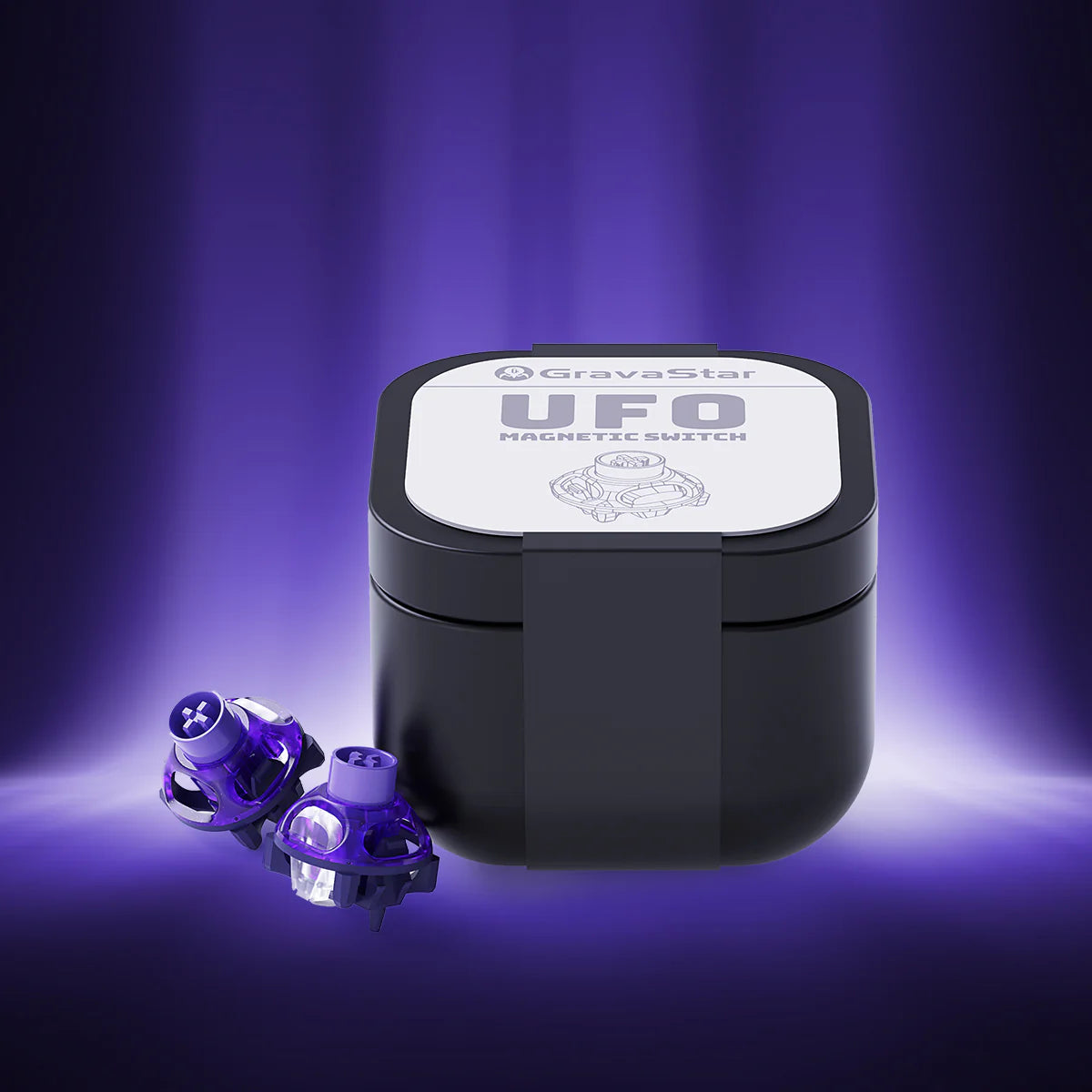 GravaStar UFO Magnetic Switch Purple studio 10pcs tactical box pack view featuring premium windowed storage box, Hall Effect contactless magnetic technology, and RT 0.005mm precision Rapid Trigger performance, perfect paired with Mercury V75 Pro Cyberpunk magnetic keyboard and Mercury X Pro 8KHz gaming mouse.
