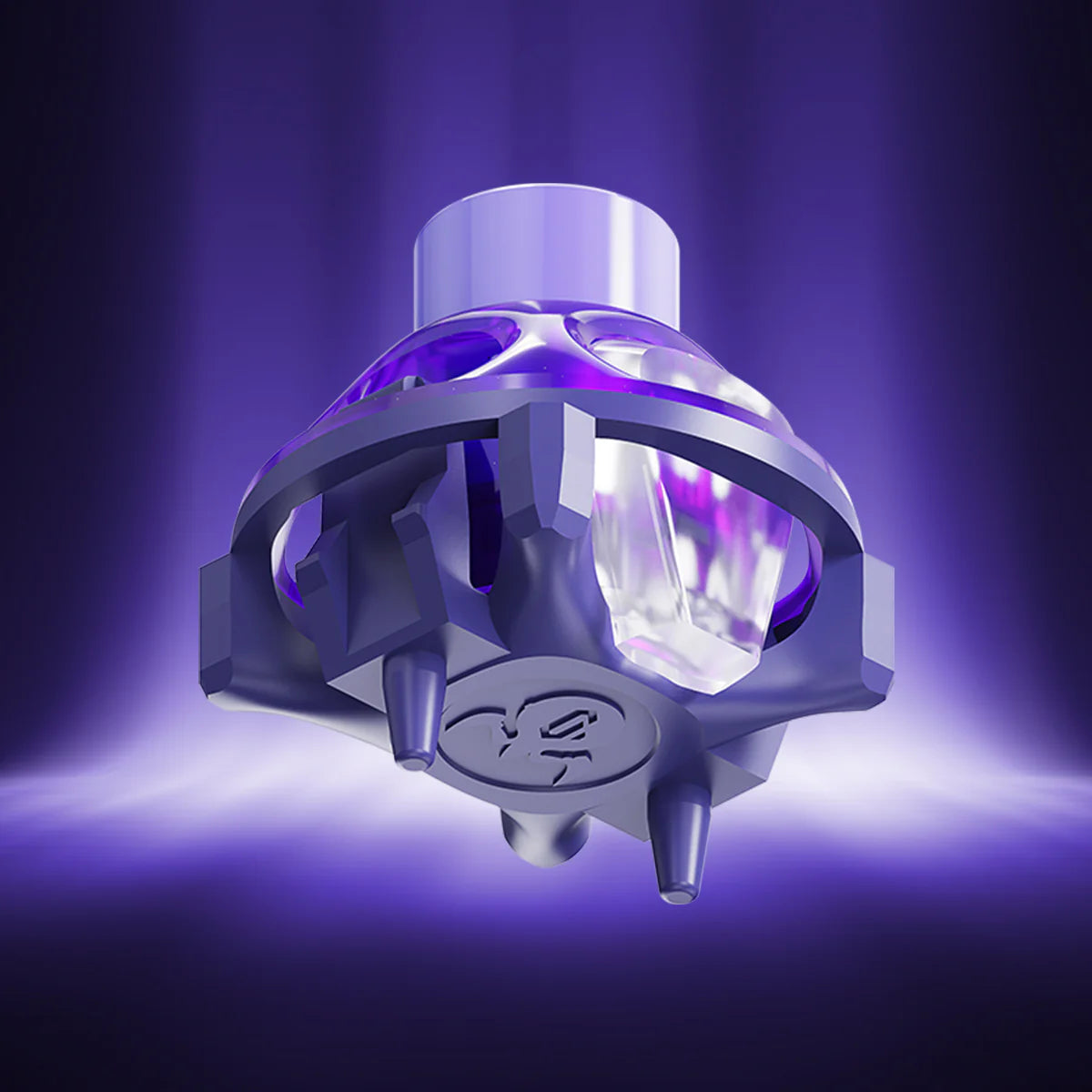 GravaStar UFO Magnetic Switch Purple studio 5-pin PCB mount side-up view featuring Hall Effect contactless magnetic technology, 360-degree circular dual-rail mecha frame, and RT 0.005mm precision Rapid Trigger performance, perfect paired with Mercury V75 Pro Cyberpunk magnetic keyboard and Mercury X Pro 8KHz gaming mouse.