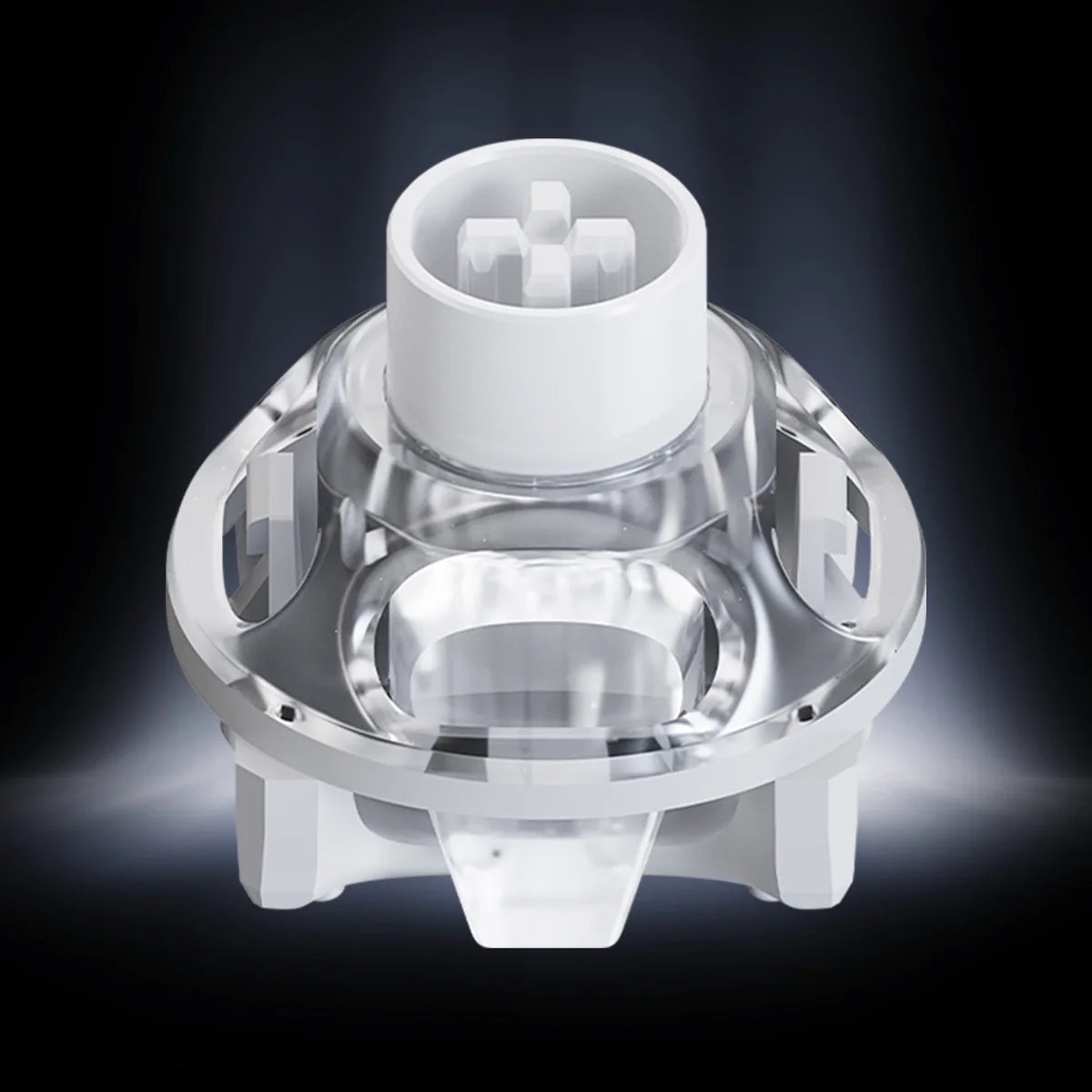 GravaStar UFO Magnetic Switch White studio 5-pin PCB mount side-up view featuring Hall Effect contactless magnetic technology, 360-degree circular dual-rail mecha frame, and RT 0.005mm precision Rapid Trigger performance, perfect paired with Mercury V75 Pro White magnetic keyboard and Mercury M1 Pro Silver Mist gaming mouse.