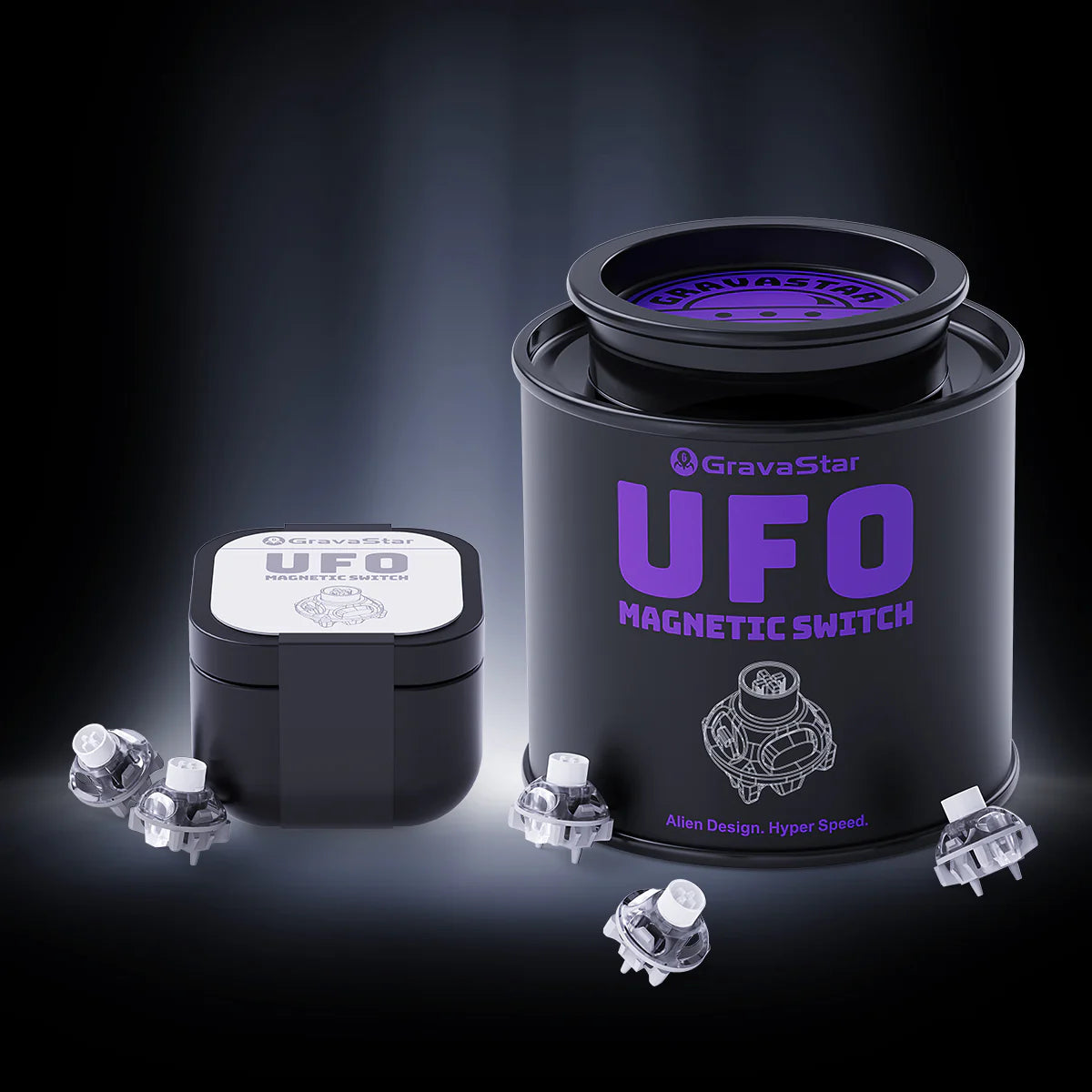GravaStar UFO Magnetic Switch White studio 75pcs tactical jar and box combination view featuring premium black metal storage jar, 10pcs box pack, Hall Effect contactless magnetic technology, and RT 0.005mm precision Rapid Trigger performance, perfect paired with Mercury V75 Pro White magnetic keyboard and Mercury M1 Pro Silver Mist gaming mouse.