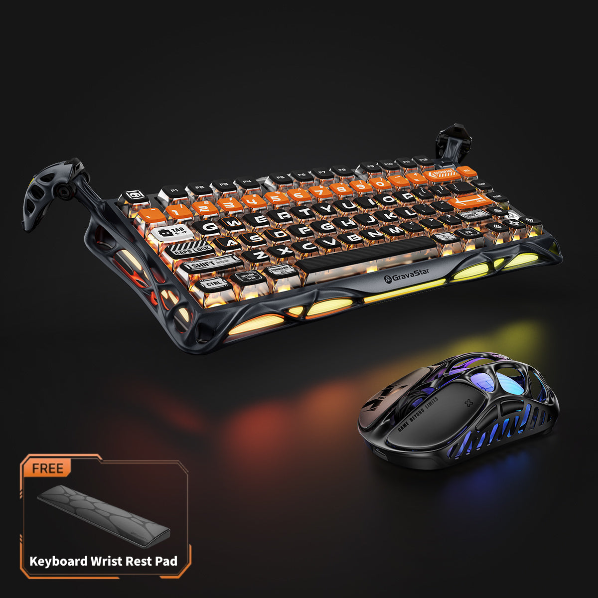 GravaStar Ultimate Gaming Set CyberFlare studio bundle view featuring Mercury K1 Pro keyboard with glowing cybernetic branch accents, Mercury X Pro 8KHz magnesium alloy gaming mouse, and free bonus keyboard wrist rest pad, perfect paired with GravaStar Gaming Mouse Pad black deskmat and Mars Pro Yellow speaker.