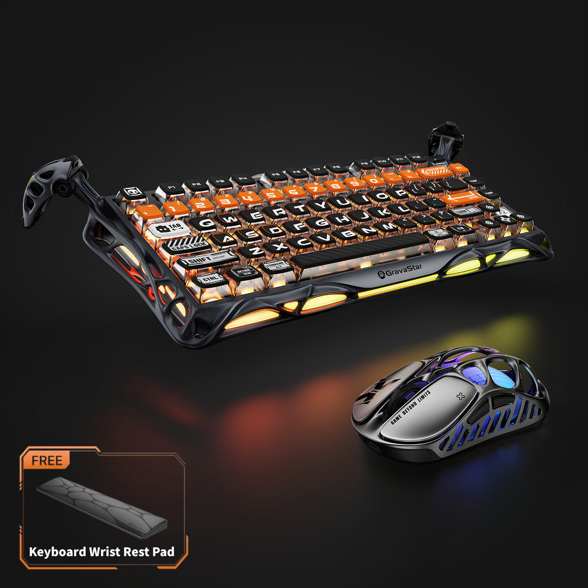 GravaStar Ultimate Gaming Set CyberFlare studio full bundle view featuring Mercury K1 Pro keyboard with nano-textured aluminum frame, Mercury X Pro 8KHz magnesium alloy gaming mouse, and free bonus keyboard wrist rest pad, perfect paired with GravaStar Gaming Mouse Pad black deskmat and Mars Pro Yellow speaker.