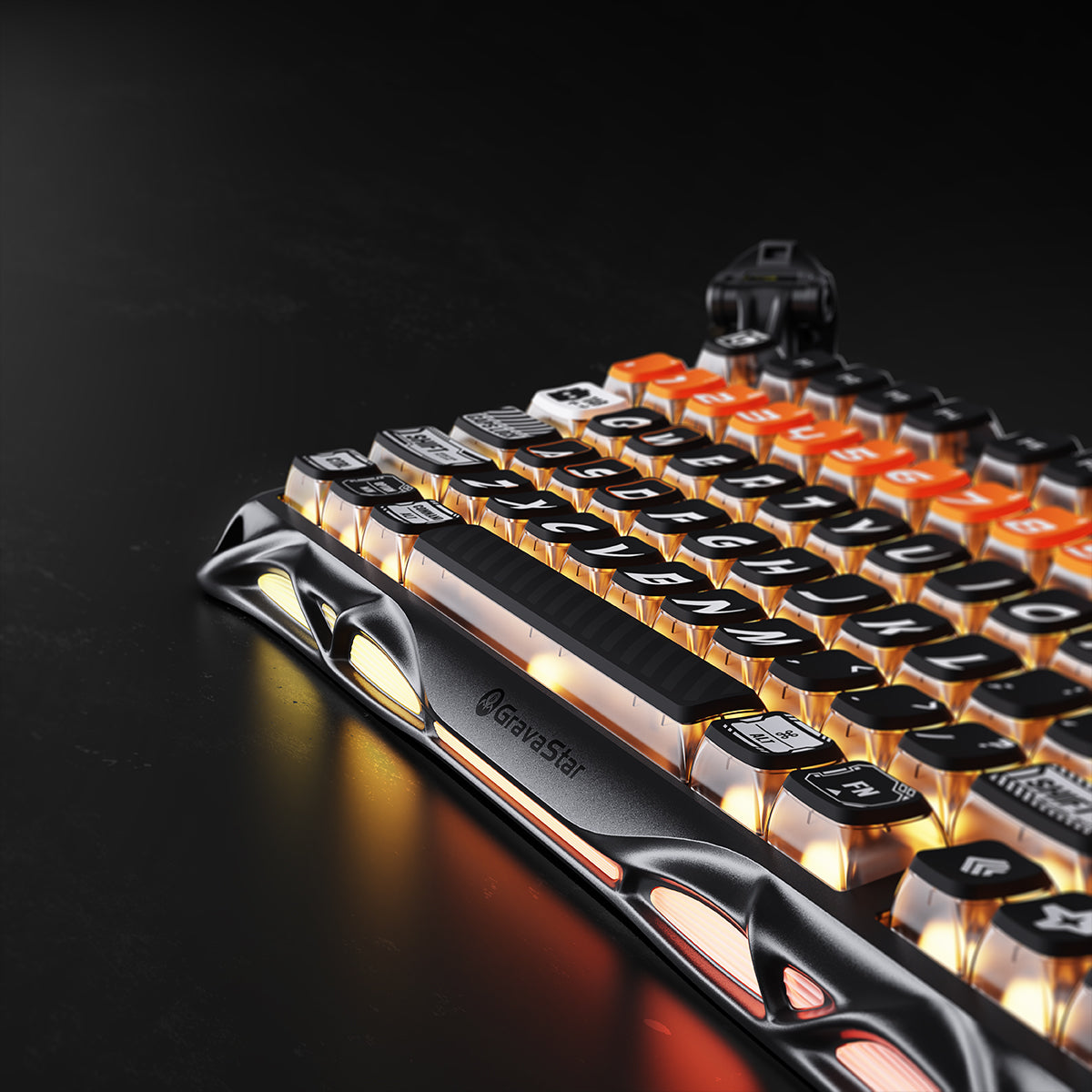 GravaStar Ultimate Gaming Set CyberFlare studio Mercury K1 Pro keyboard macro close-up view featuring nano-textured aluminum frame, Speedy Mint linear switches, Pudding PBT keycaps, glowing cybernetic branch accents, and warm orange RGB backlighting, perfect paired with Mercury X Pro 8K mouse and Mars Pro Yellow speaker.