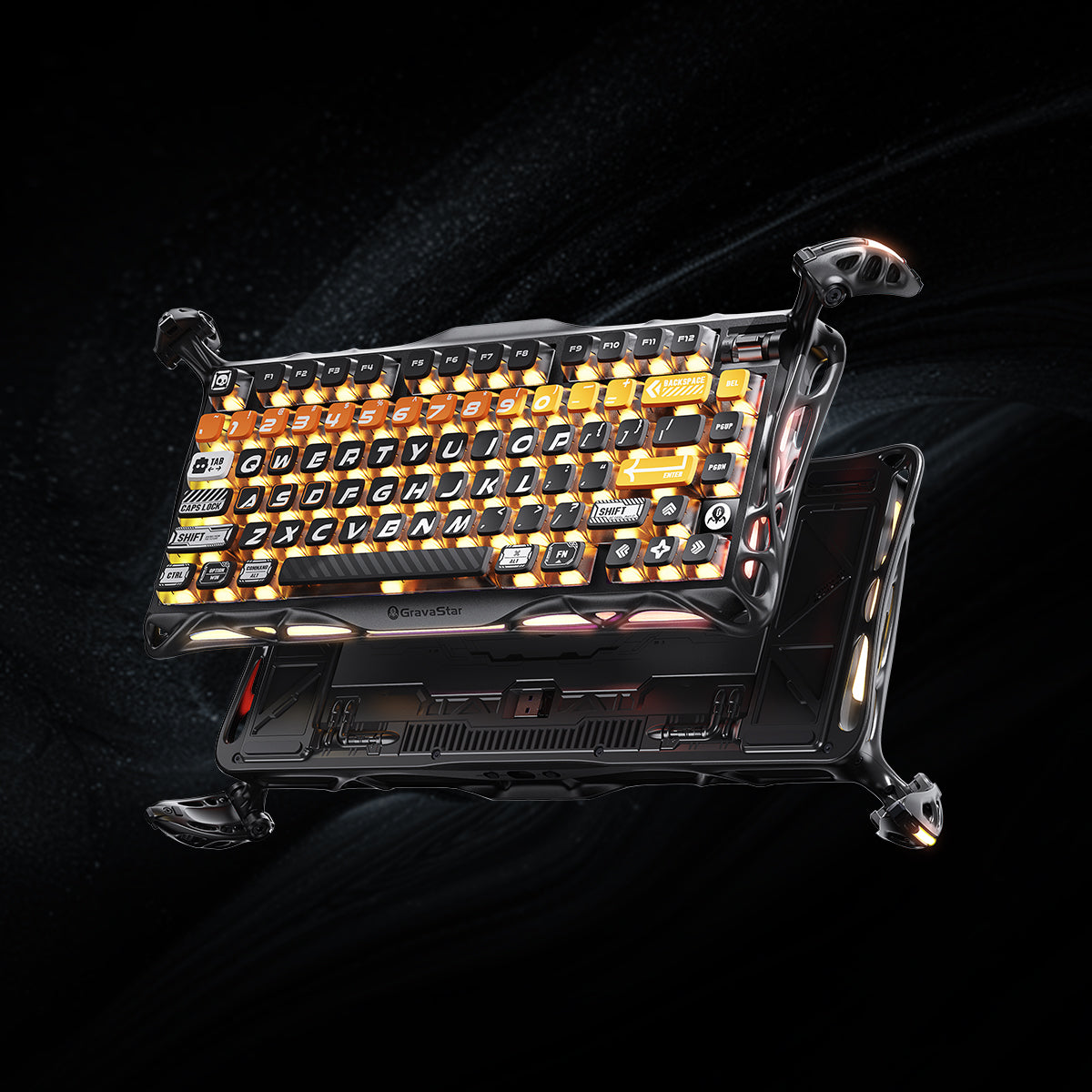 GravaStar Ultimate Gaming Set CyberFlare studio Mercury K1 Pro keyboard skeletal backlight view featuring nano-textured aluminum frame, Speedy Mint linear switches, Pudding PBT keycaps, glowing cybernetic branch accents, and warm orange RGB backlighting, perfect paired with Mercury X Pro 8K mouse and Mars Pro Yellow speaker.