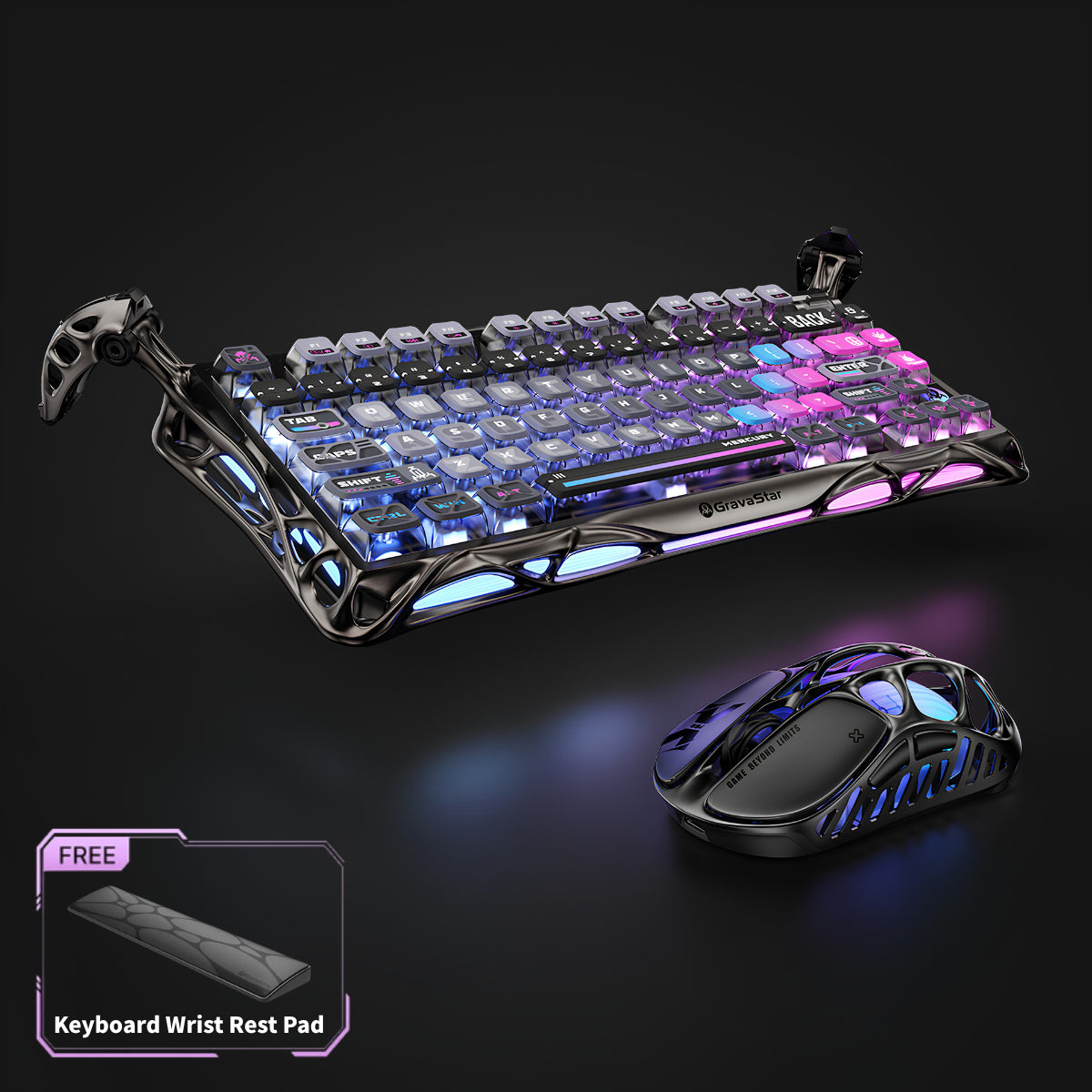 GravaStar Ultimate Gaming Set Cyberpunk studio full bundle perspective view featuring Mercury K1 Pro Cyberpunk keyboard with aluminum alloy frame, Mercury X Pro 8KHz magnesium alloy gaming mouse, and free bonus keyboard wrist rest pad, perfect paired with GravaStar Gaming Mouse Pad black deskmat and Mars Pro Cyberpunk speaker.