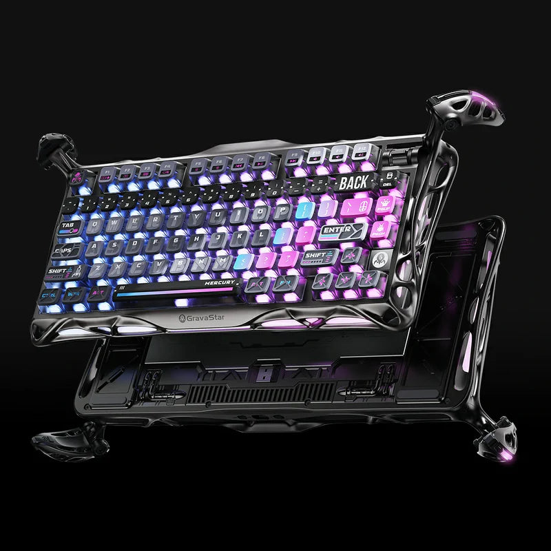 GravaStar Ultimate Gaming Set Cyberpunk studio Mercury K1 Pro Cyberpunk Galaxy Black keyboard floating view featuring aluminum alloy skeletal frame, Kailh Speedy Mint linear switches, Pudding PBT keycaps, and dual RGB backlighting, perfect paired with Mercury X Pro 8KHz gaming mouse and GravaStar Gaming Mouse Pad black deskmat.