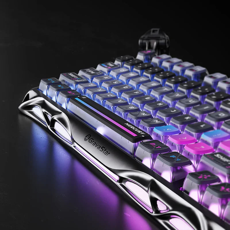GravaStar Ultimate Gaming Set Cyberpunk studio Mercury K1 Pro Cyberpunk Interstellar Silver keyboard macro close-up view featuring aluminum alloy skeletal frame, Kailh Speedy Mint linear switches, Pudding PBT keycaps, and dual RGB backlighting, perfect paired with Mercury X Pro 8KHz gaming mouse and GravaStar Gaming Mouse Pad white deskmat.