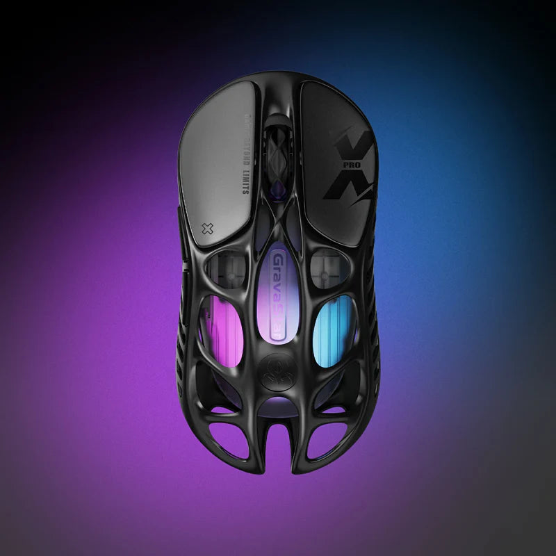 GravaStar Ultimate Gaming Set Cyberpunk studio Mercury X Pro 8KHz gaming mouse Galaxy Black top-down view featuring 49g magnesium alloy hollow frame, PAW 3950 32K DPI sensor, native 8000Hz polling rate, and purple RGB backlighting, perfect paired with Mercury K1 Pro keyboard and GravaStar Gaming Mouse Pad black deskmat.