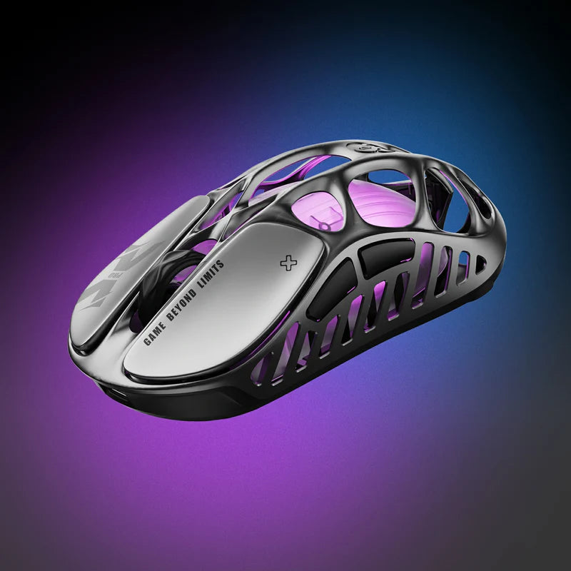 GravaStar Ultimate Gaming Set Cyberpunk studio Mercury X Pro 8KHz gaming mouse Interstellar Silver skeletal chassis close-up view featuring 49g magnesium alloy hollow frame, PAW 3950 32K DPI sensor, native 8000Hz polling rate, and purple RGB backlighting, perfect paired with Mercury K1 Pro keyboard and GravaStar Gaming Mouse Pad white deskmat.