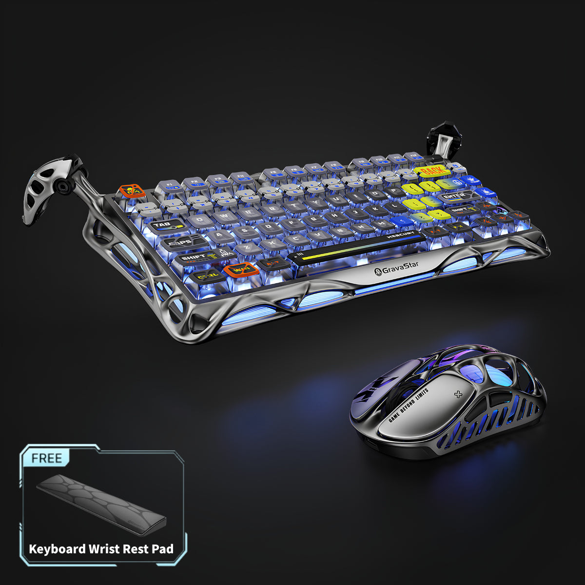 GravaStar Ultimate Gaming Set Interstellar Silver studio bundle view featuring Mercury K1 Pro keyboard with nano-textured aluminum frame, Mercury X Pro 8KHz magnesium alloy gaming mouse, and free bonus keyboard wrist rest pad, perfect paired with GravaStar Gaming Mouse Pad deskmat and Mars Pro Special Edition speaker.