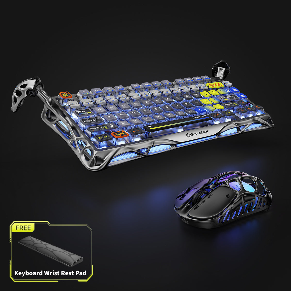 GravaStar Ultimate Gaming Set Interstellar Silver studio full bundle view featuring Mercury K1 Pro keyboard with nano-textured aluminum frame, Mercury X Pro 8KHz magnesium alloy gaming mouse, and free bonus keyboard wrist rest pad, perfect paired with GravaStar Gaming Mouse Pad deskmat and Mars Pro Special Edition speaker.
