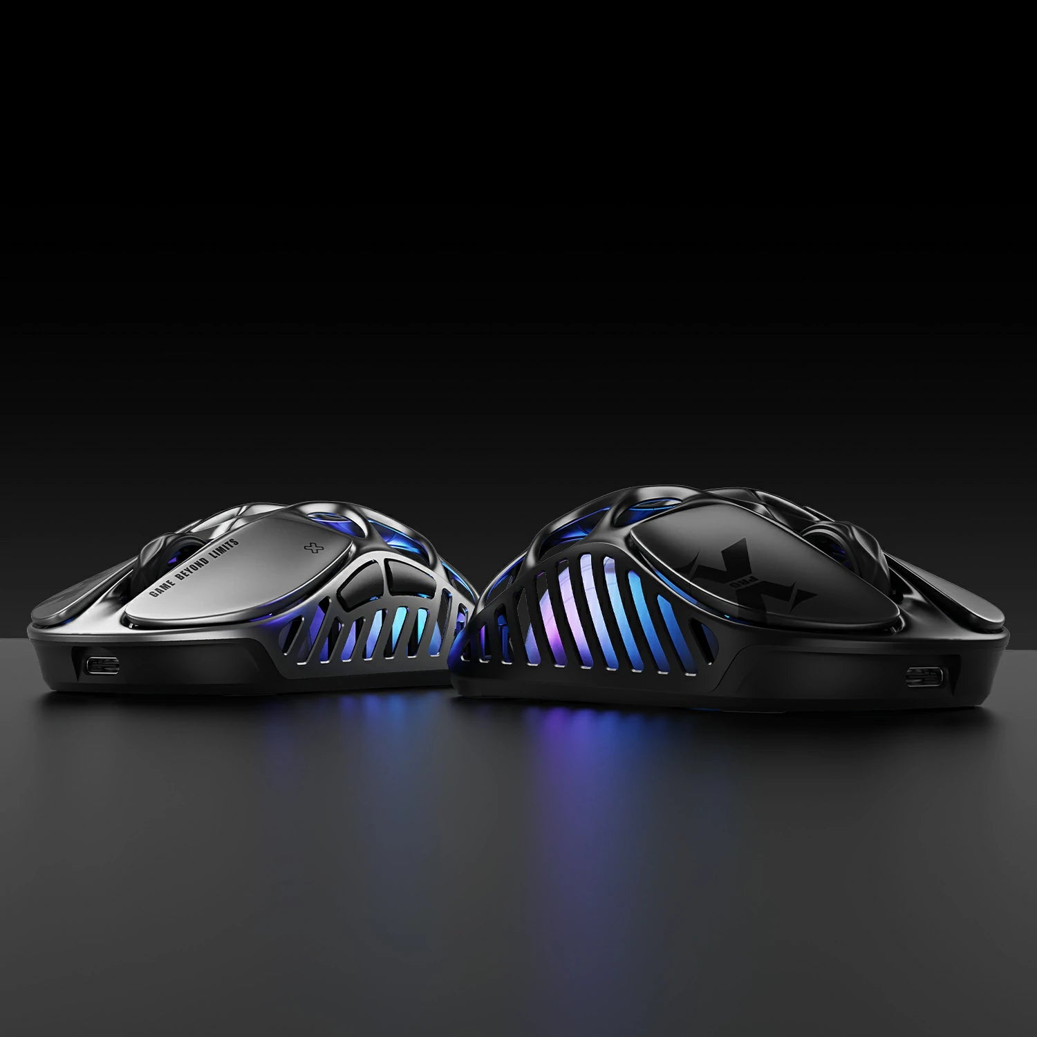 GravaStar Ultimate Gaming Set Interstellar Silver studio Mercury X Pro 8KHz gaming mouse dual skeletal chassis view showing top frame and bottom PAW 3950 sensor layout, 49g ultralight magnesium alloy frame, 8000Hz polling rate, and ice blue RGB backlighting, perfect paired with Mercury K1 Pro keyboard and Mars Pro Special Edition speaker.