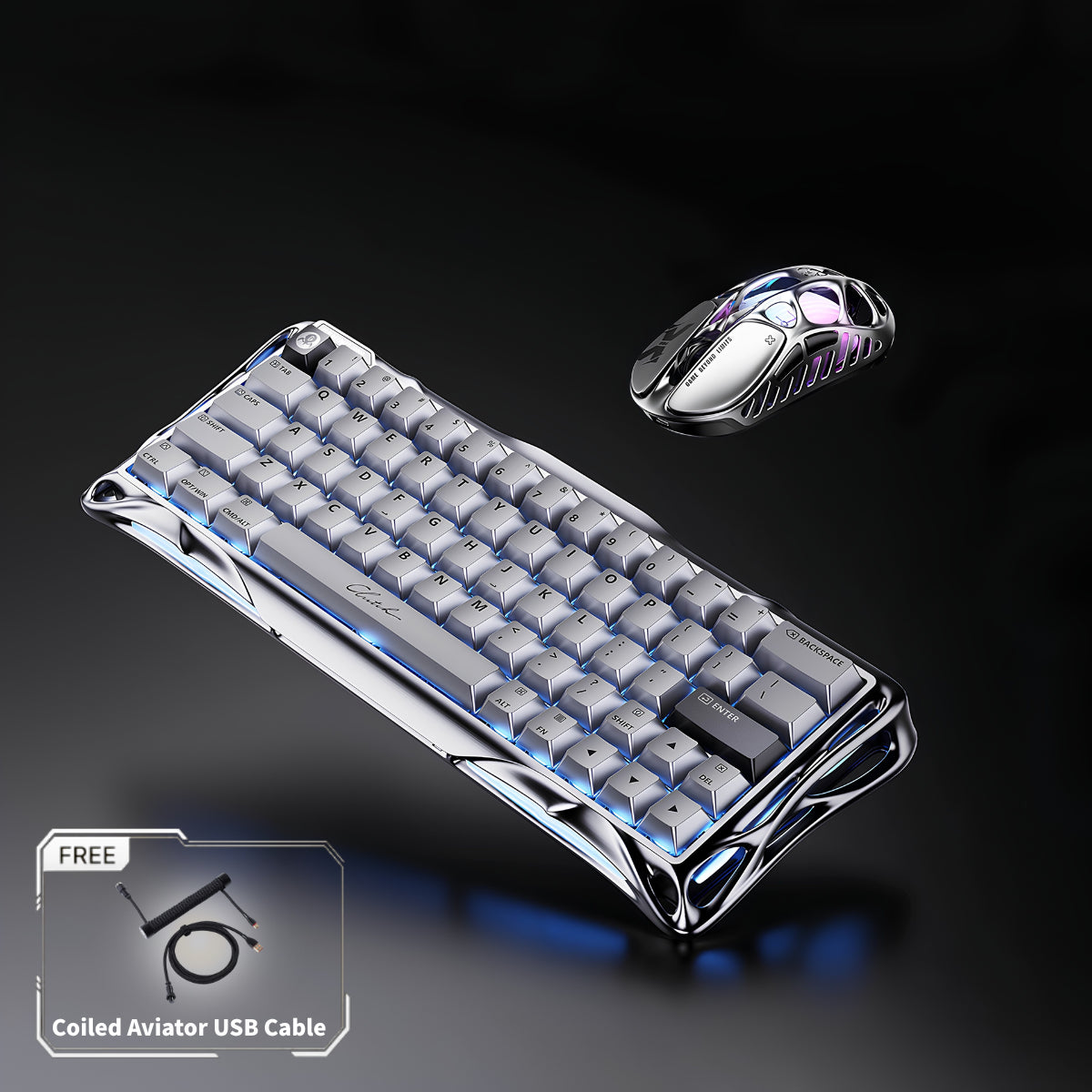 GravaStar V60 Pro & X Pro Gaming Set studio bundle overview featuring Mercury V60 Pro Chrome Silver magnetic 60% keyboard with UFO magnetic switches, Mercury X Pro 8KHz magnesium mouse in Interstellar Silver, and FREE Coiled Aviator USB Cable tag, perfect paired with Mars Pro speaker.