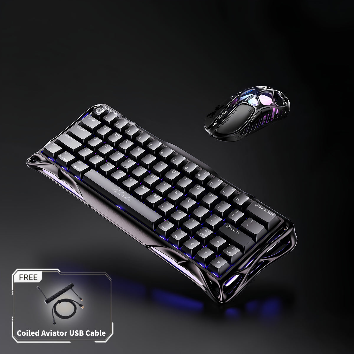 GravaStar V60 Pro & X Pro Gaming Set studio bundle overview featuring Mercury V60 Pro GunMetal magnetic 60% keyboard with UFO magnetic switches, Mercury X Pro 8KHz magnesium mouse in Galaxy Black, and FREE Coiled Aviator USB Cable tag, perfect paired with Mars Pro speaker.