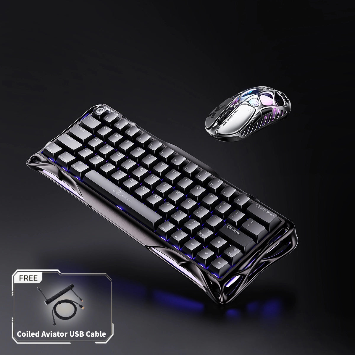 GravaStar V60 Pro & X Pro Gaming Set studio bundle perspective view showing Mercury V60 Pro GunMetal magnetic 60% keyboard with UFO magnetic switches, Mercury X Pro 8KHz magnesium mouse in Interstellar Silver, and FREE Coiled Aviator USB Cable tag, perfect paired with Mars Pro speaker.