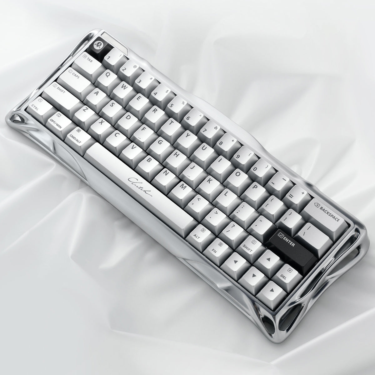 GravaStar V60 Pro & X Pro Gaming Set Mercury V60 Pro Chrome Silver magnetic 60% keyboard skeletal chassis view featuring electroplated mirror silver aluminum frame, UFO magnetic switches, transparent keycaps, and 8kHz polling rate, perfect paired with Mercury X Pro mouse and Mars Pro speaker.